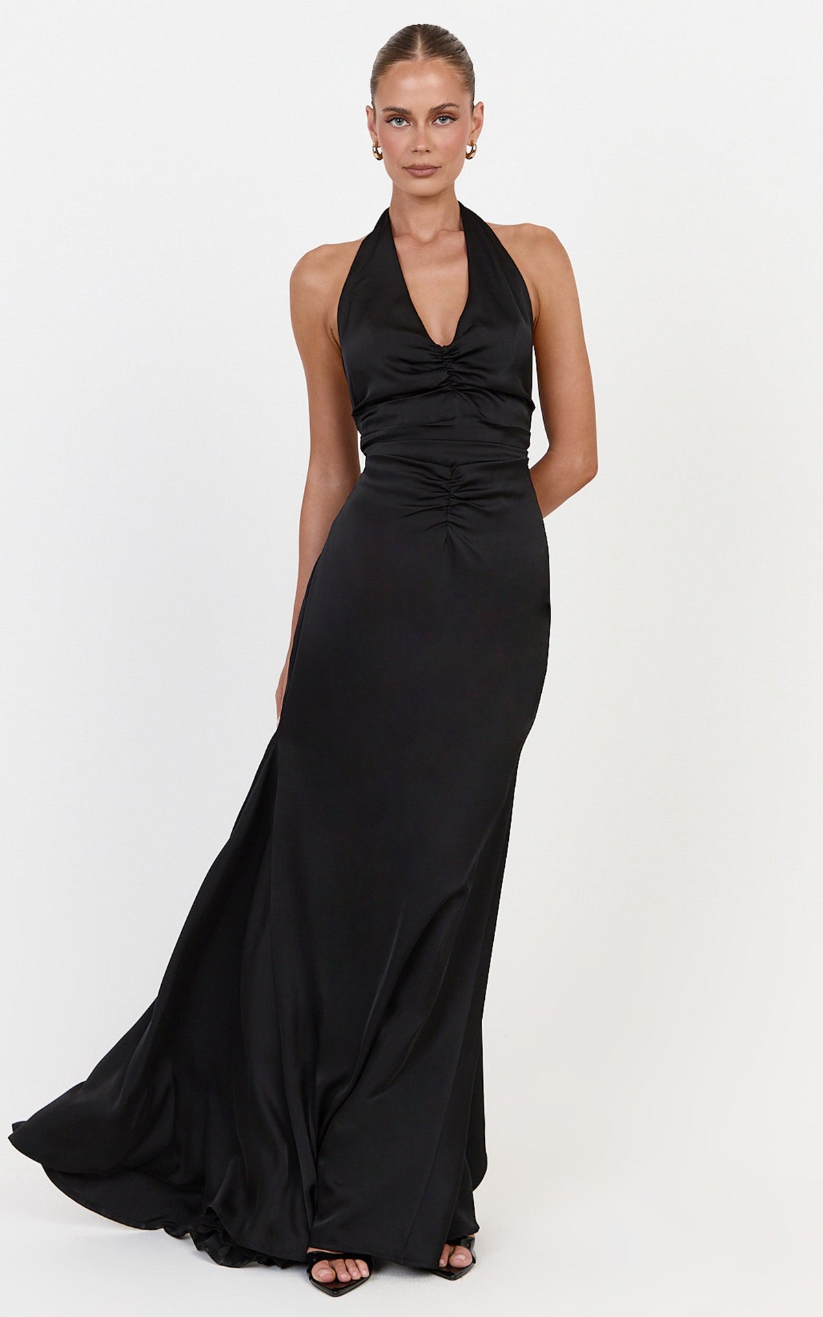Nelle Maxi Dress - Backless Plunge Halter Neck Satin Dress With Knot Detail And Ruching in Black