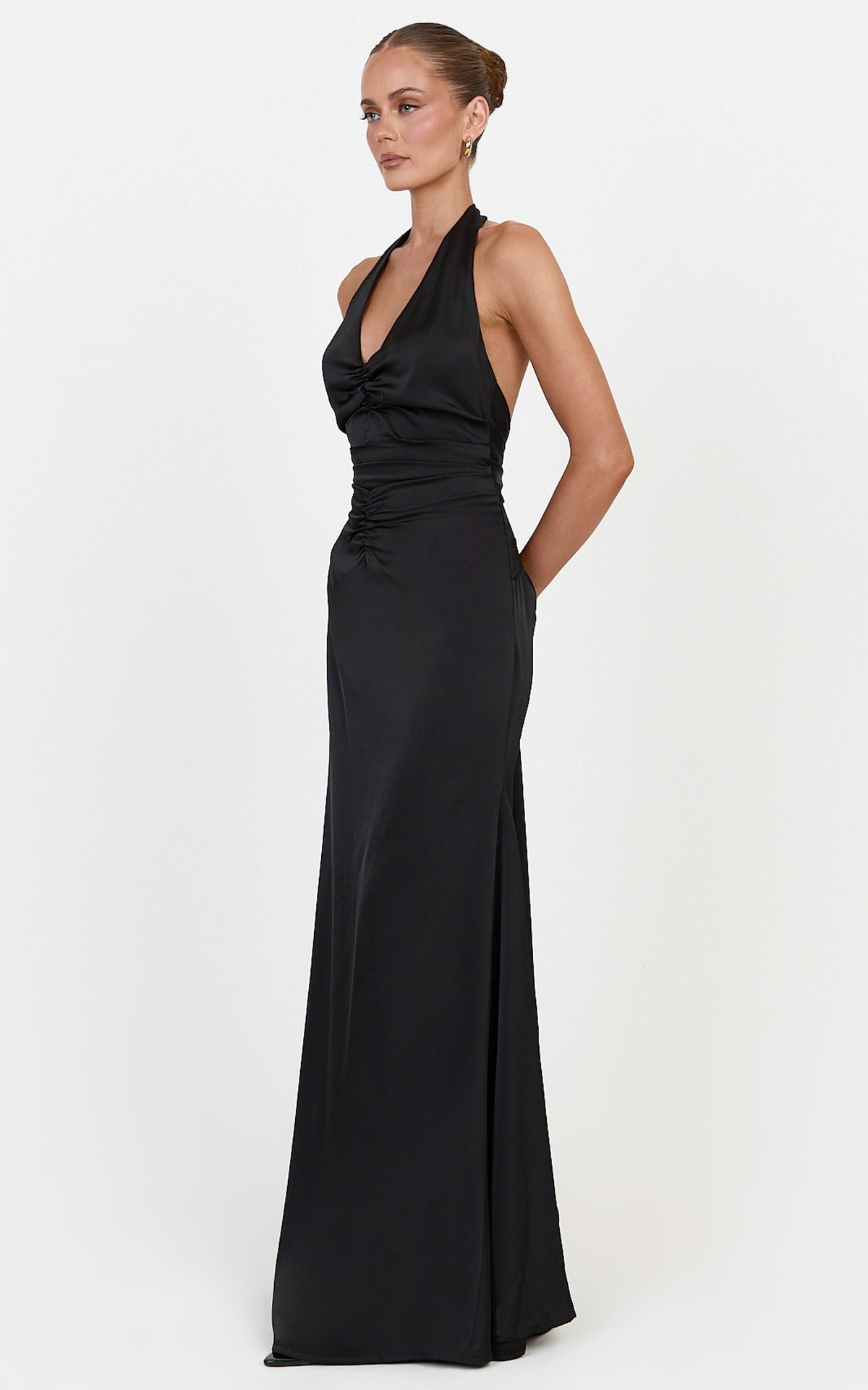 Nelle Maxi Dress - Backless Plunge Halter Neck Satin Dress With Knot Detail And Ruching in Black