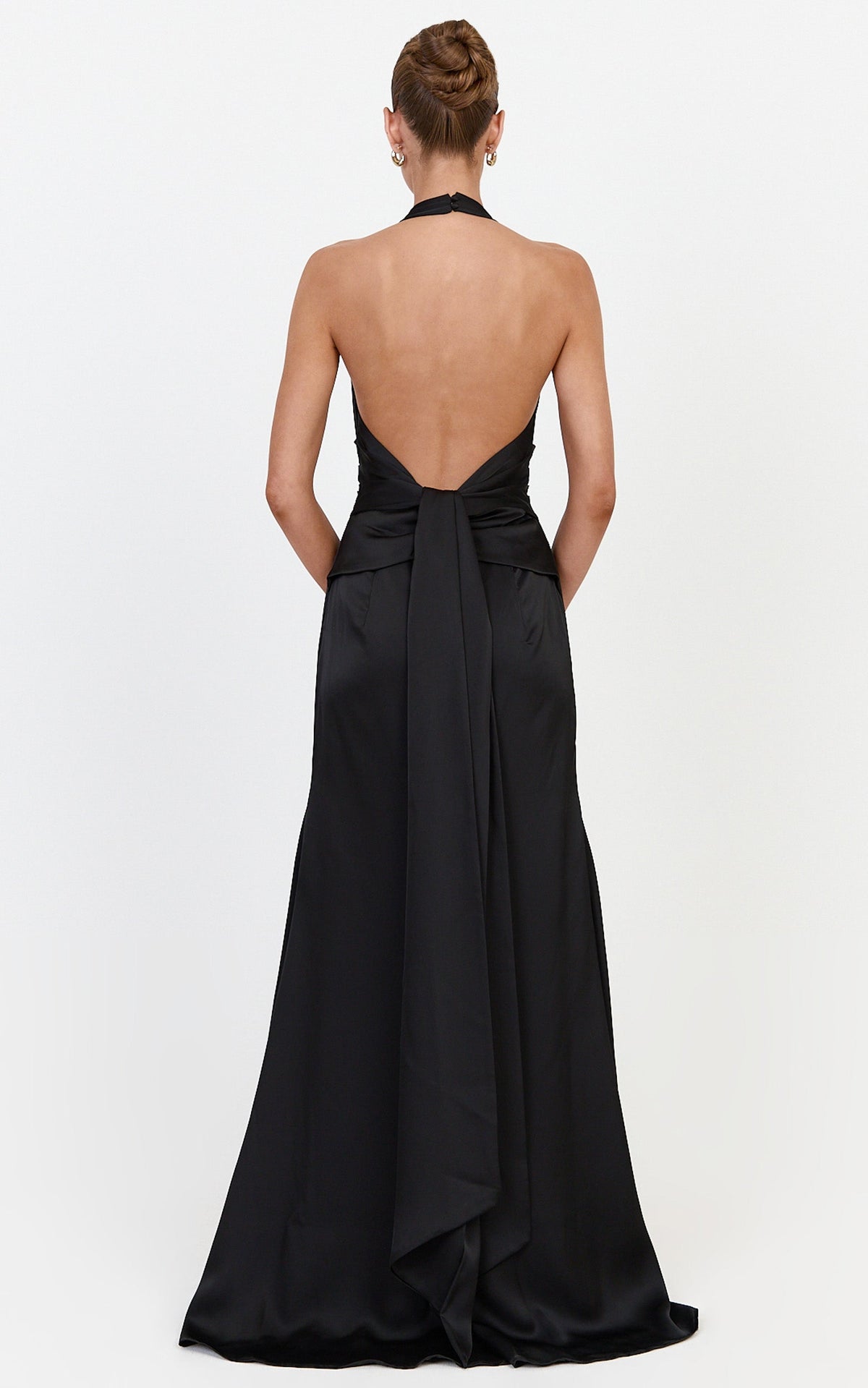 Nelle Maxi Dress - Backless Plunge Halter Neck Satin Dress With Knot Detail And Ruching in Black