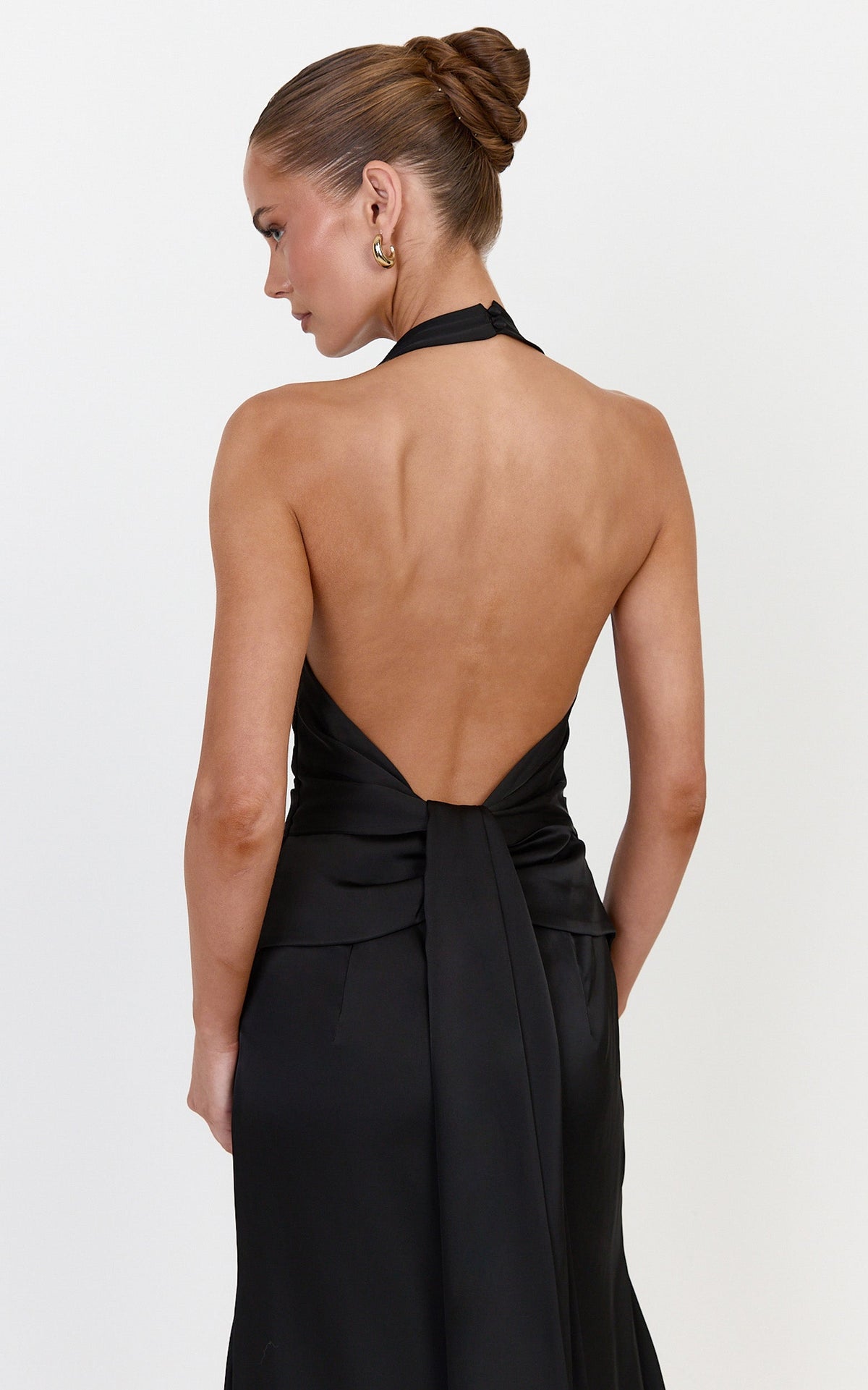Nelle Maxi Dress - Backless Plunge Halter Neck Satin Dress With Knot Detail And Ruching in Black