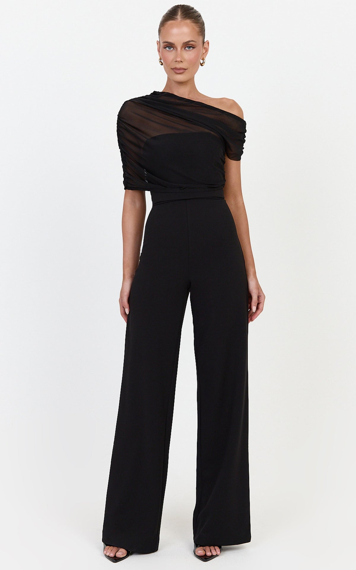 Eira Jumpsuit - Strapless Straight Leg Jumpsuit With Sheer Mesh Cape Overlay in Black