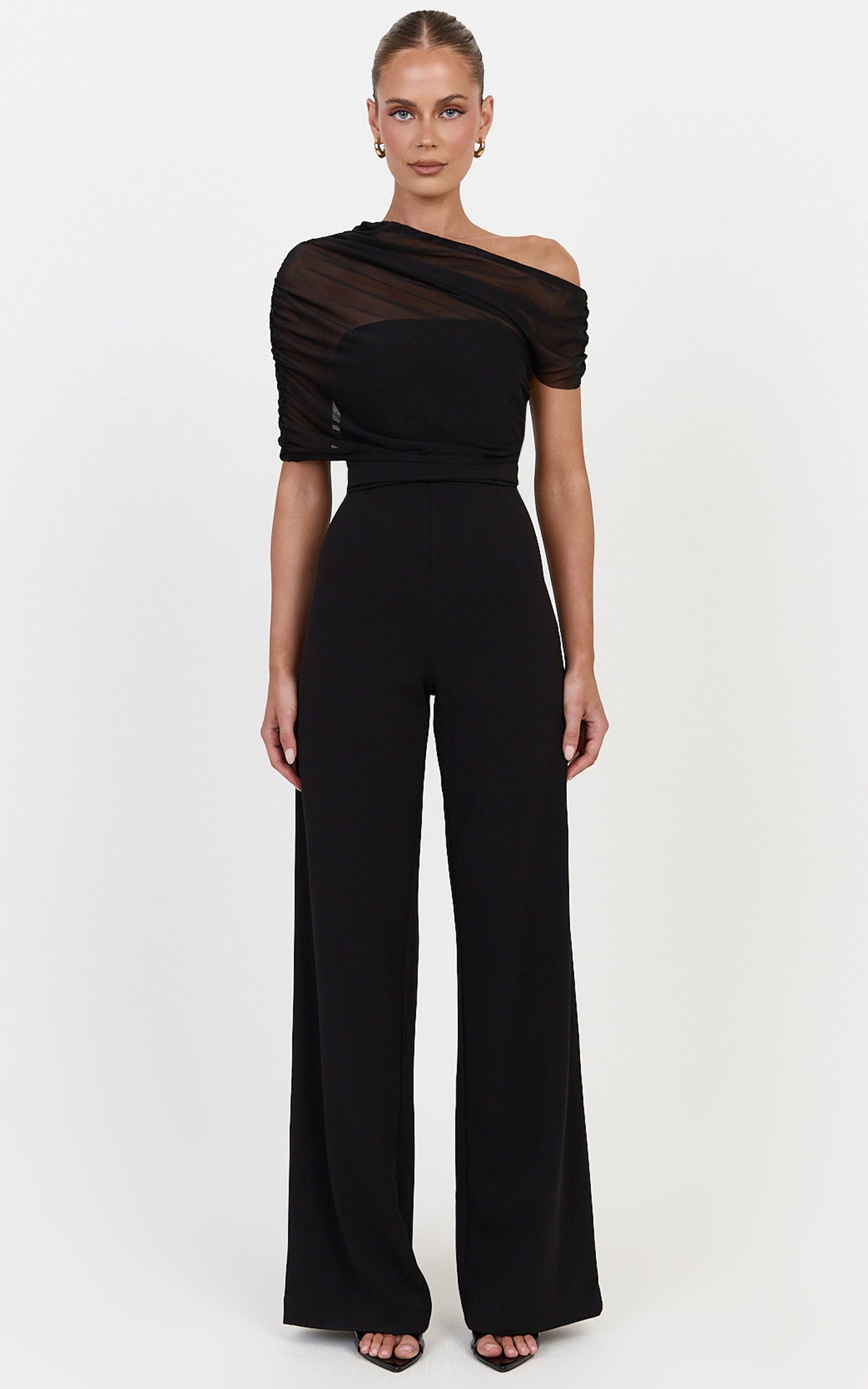 Eira Jumpsuit - Strapless Straight Leg Jumpsuit With Sheer Mesh Cape Overlay in Black