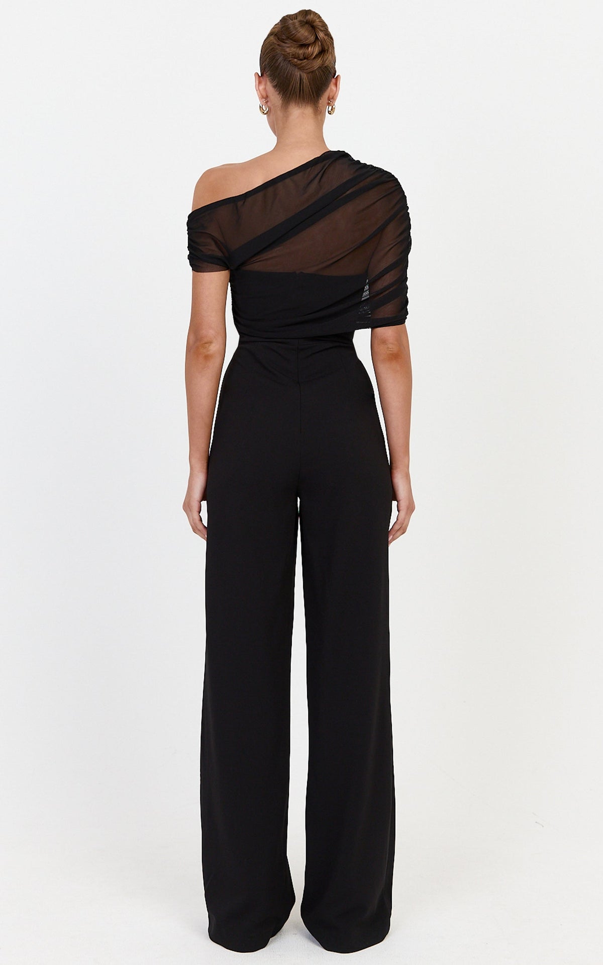 Eira Jumpsuit - Strapless Straight Leg Jumpsuit With Sheer Mesh Cape Overlay in Black