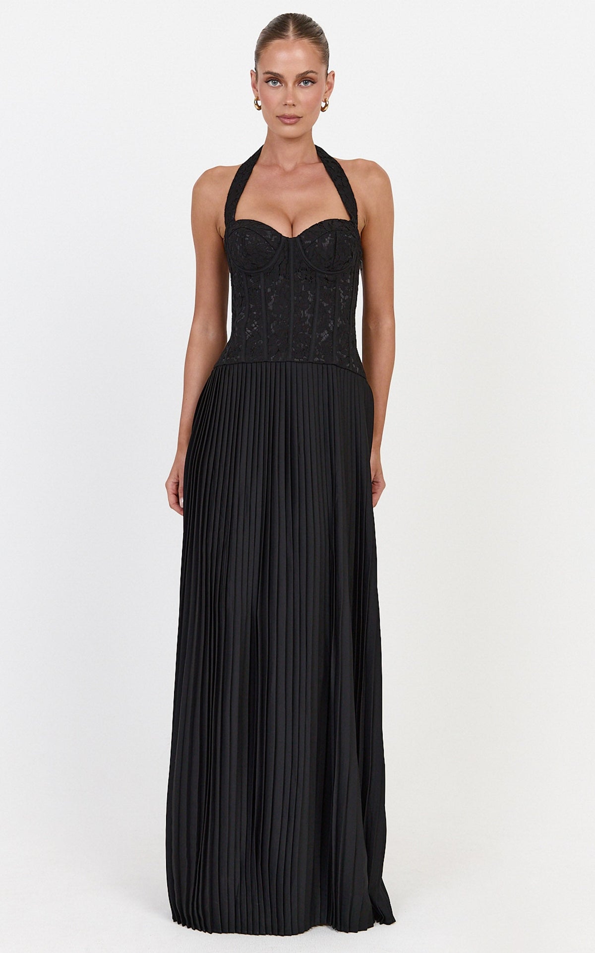 Malia Maxi Dress - Lace Corset Bodice Contrast Pleated Skirt Halter Dress in Black