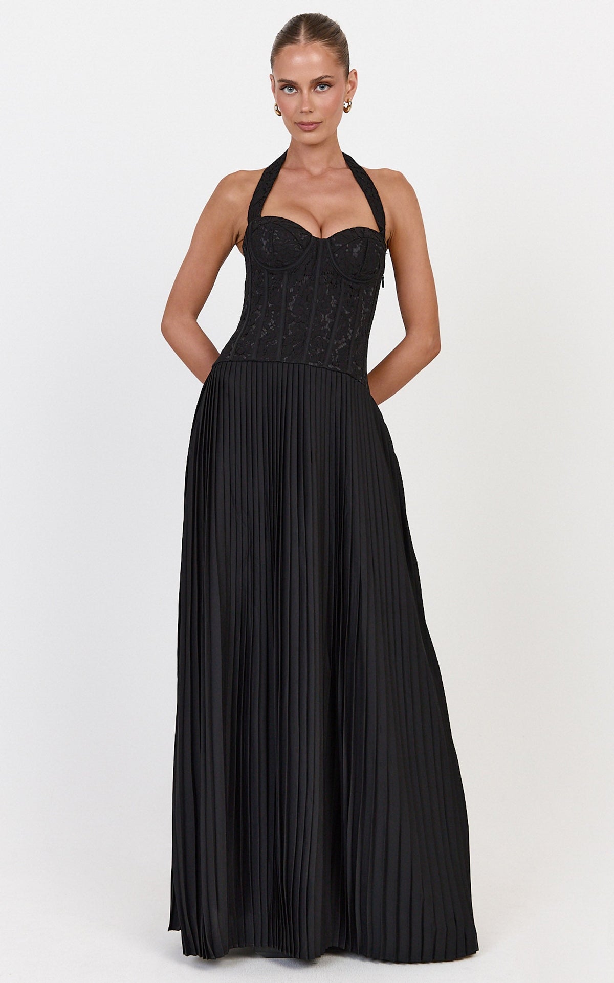 Malia Maxi Dress - Lace Corset Bodice Contrast Pleated Skirt Halter Dress in Black