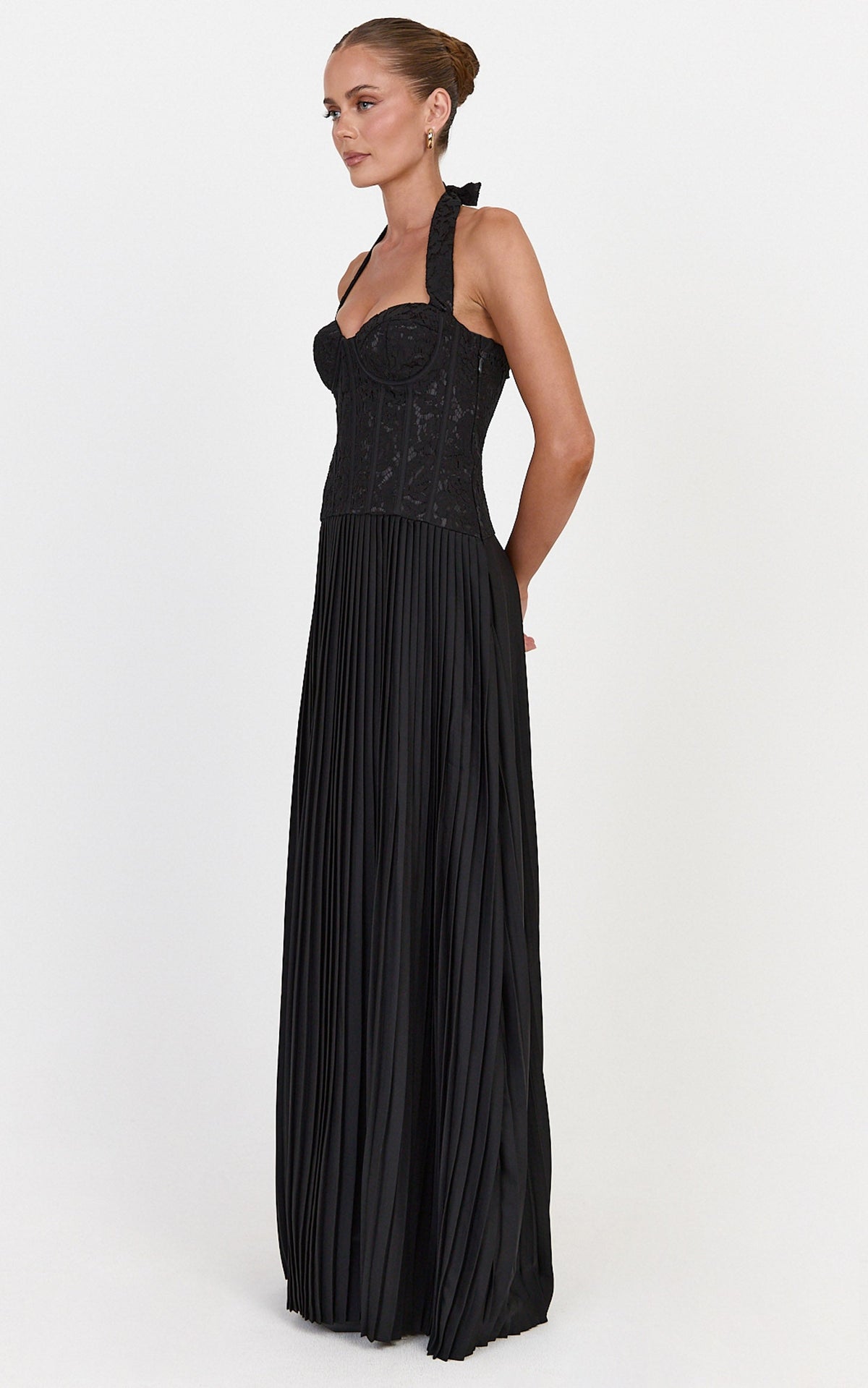 Malia Maxi Dress - Lace Corset Bodice Contrast Pleated Skirt Halter Dress in Black