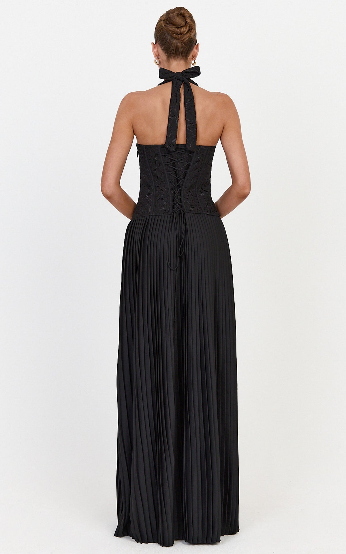 Malia Maxi Dress - Lace Corset Bodice Contrast Pleated Skirt Halter Dress in Black