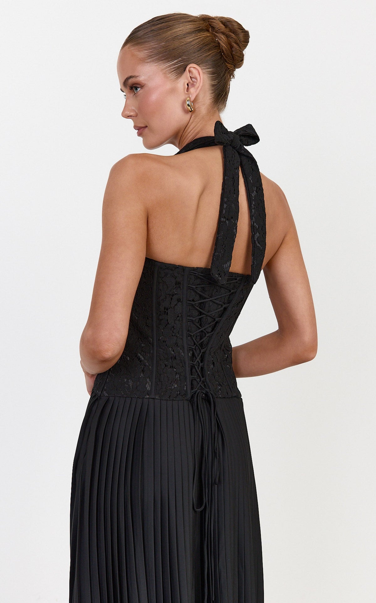 Malia Maxi Dress - Lace Corset Bodice Contrast Pleated Skirt Halter Dress in Black