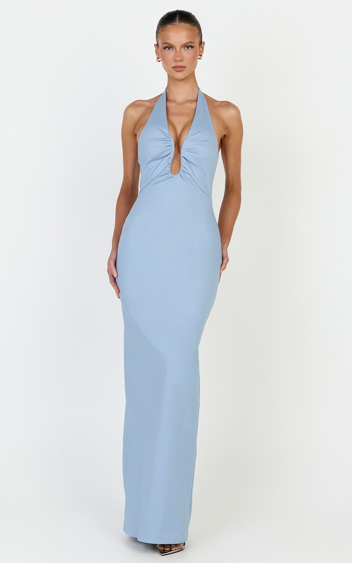 Baya Maxi Dress - Gathered Plunge Neckline Halter Dress in Pale Blue