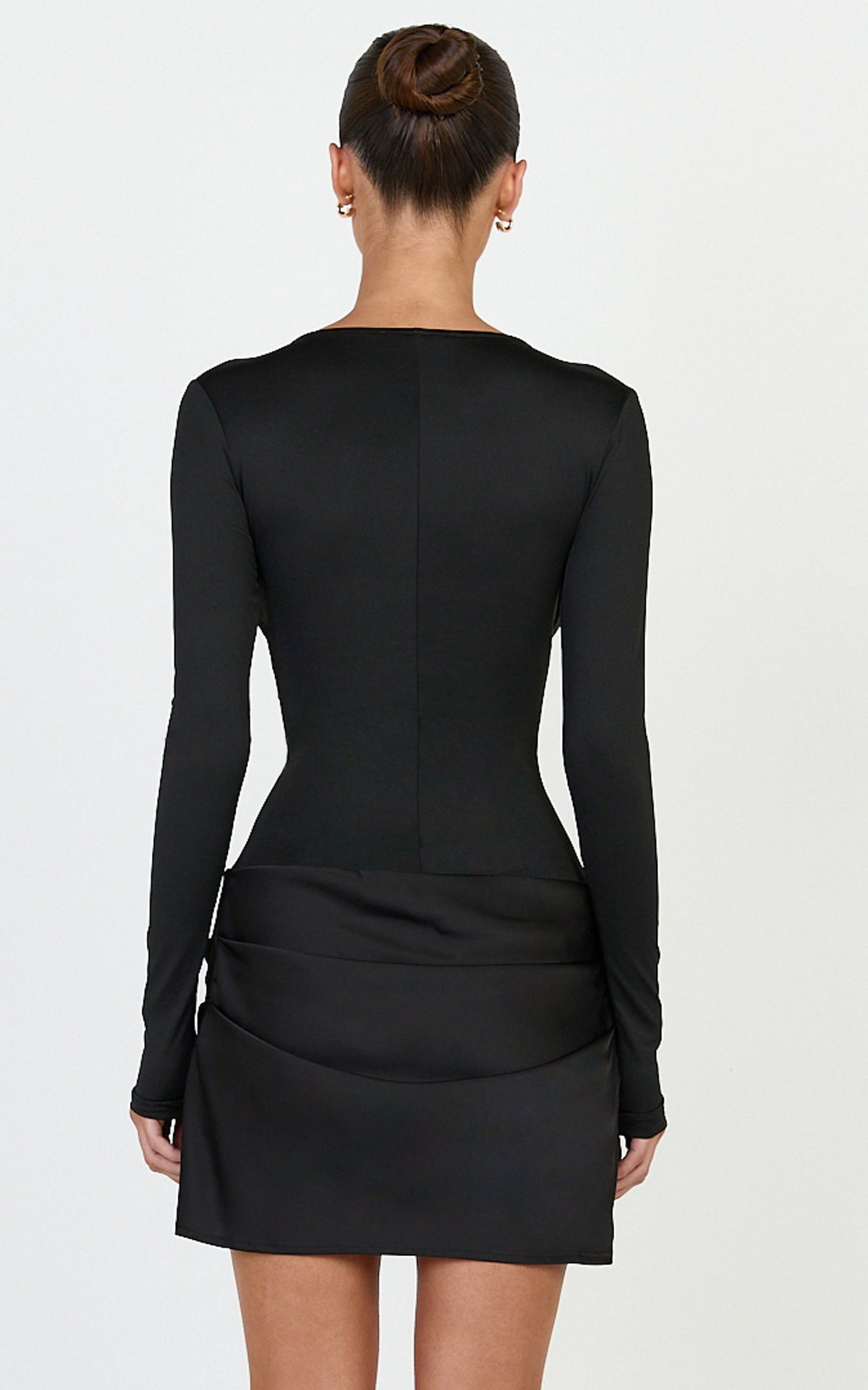 Hazel Mini Dress - Long Sleeve Draped Hip Plunge Dress in Black