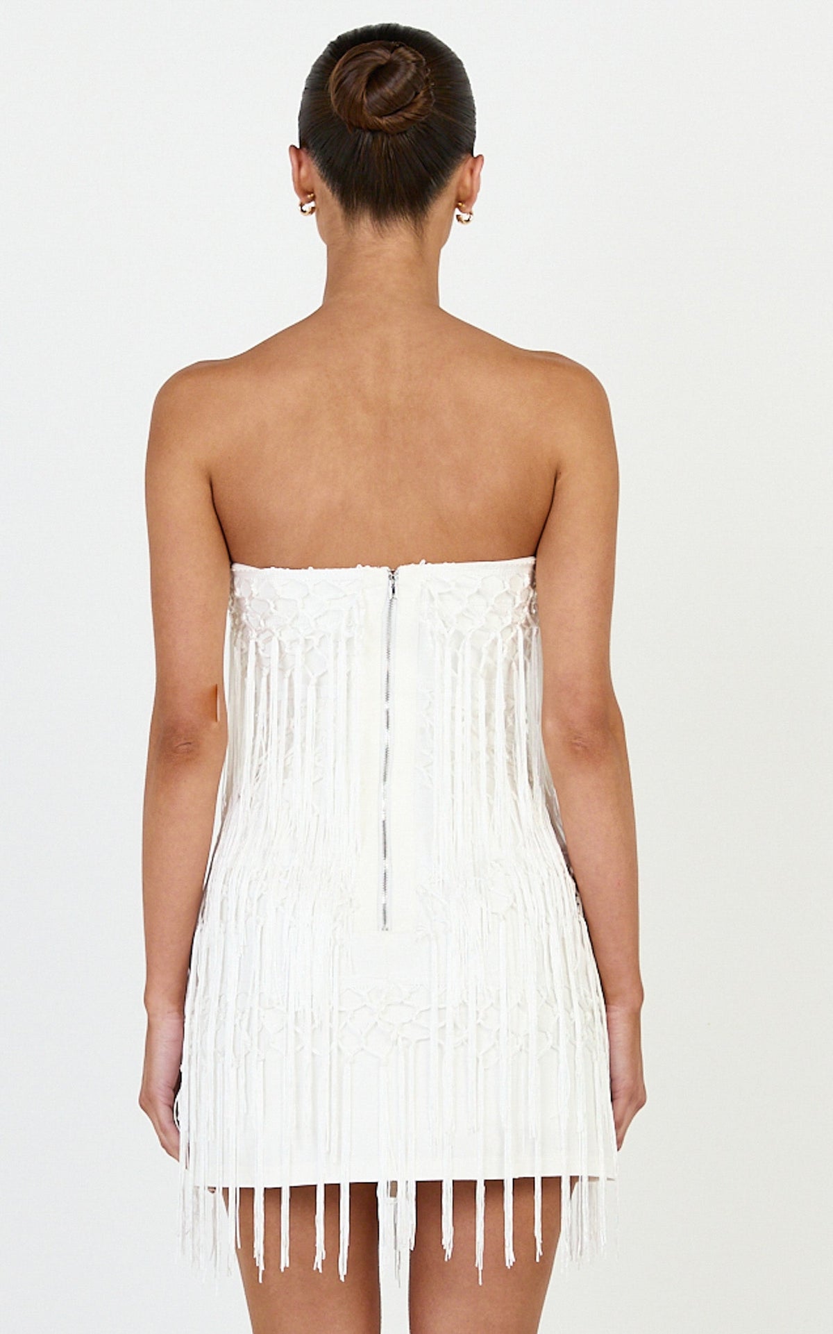 Kyle Mini Dress - Strapless Tassel Bodycon Dress in White