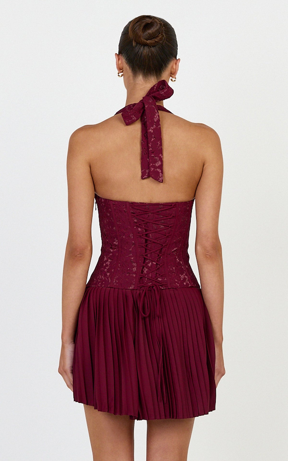Malia Mini Dress - Lace Corset Bodice Pleated Skirt Halter Dress in Wine