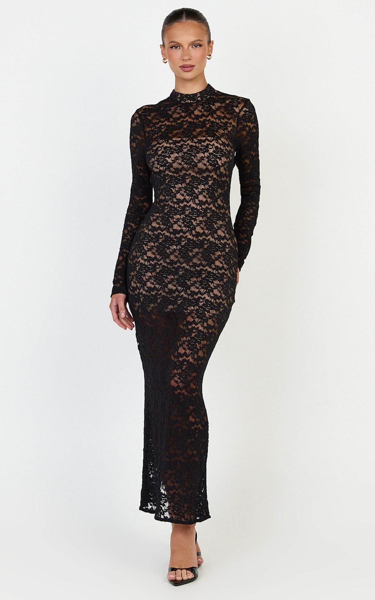 Emma Midi Dress - Long Sleeve Open Back Fitted Dress in Black