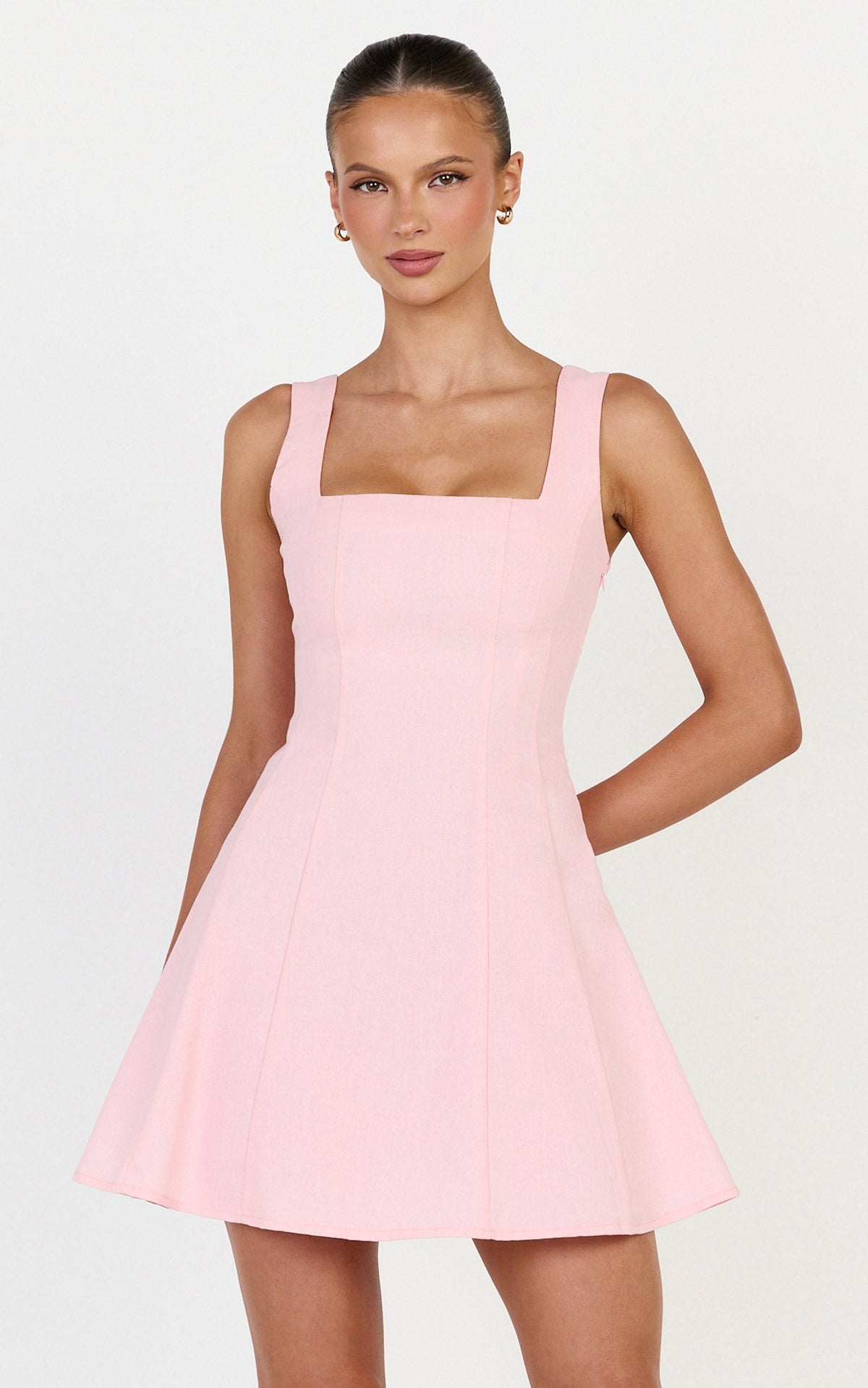 Adiana Mini Dress - Linen Square Neck Shirred Back A Line Dress in Pink