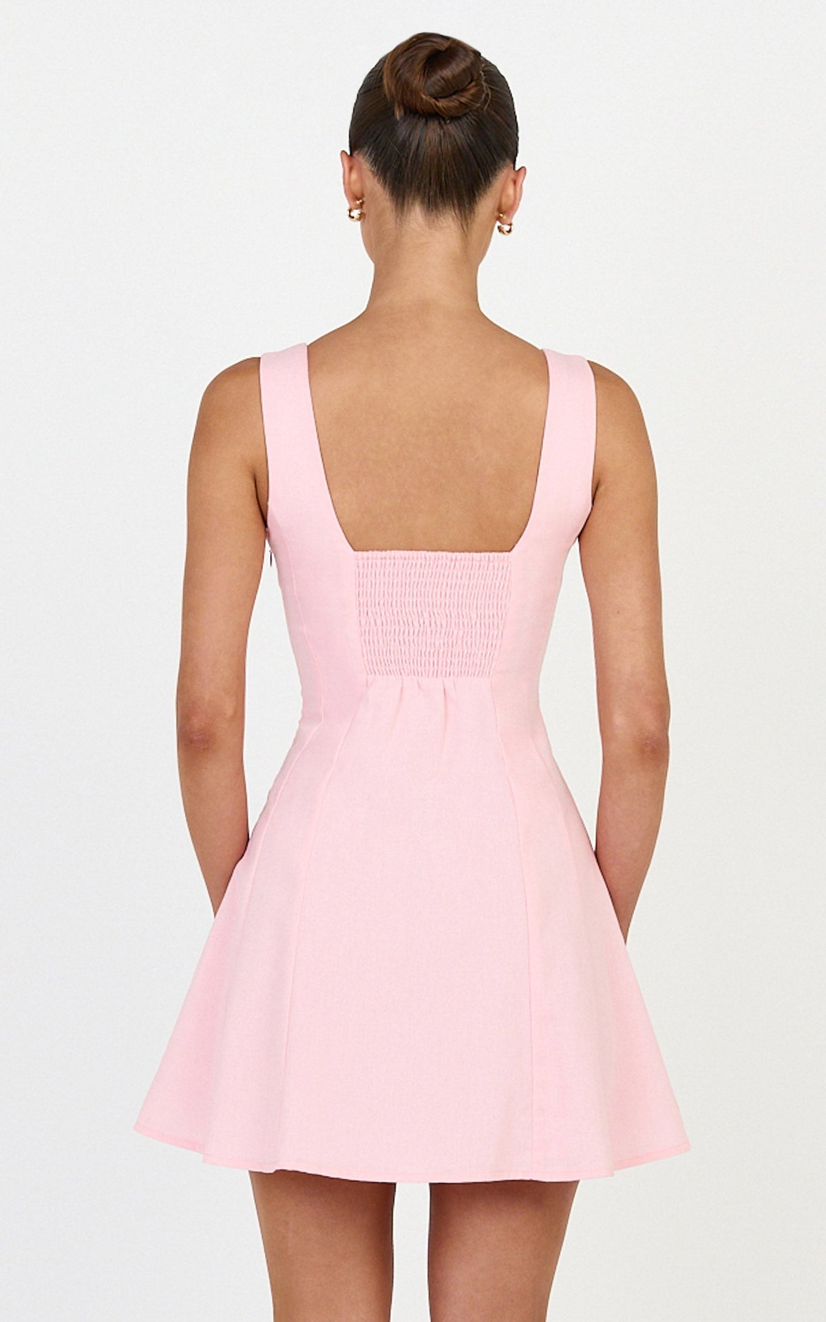 Adiana Mini Dress - Linen Square Neck Shirred Back A Line Dress in Pink