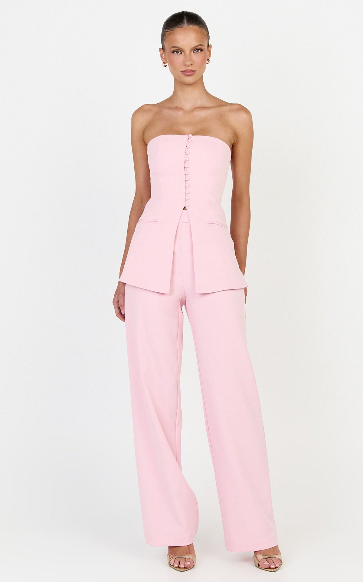 Amelia Two Piece Top and Pant Set - Strapless Button Down Top And Tailored Wide Leg Pants Set in Pink
