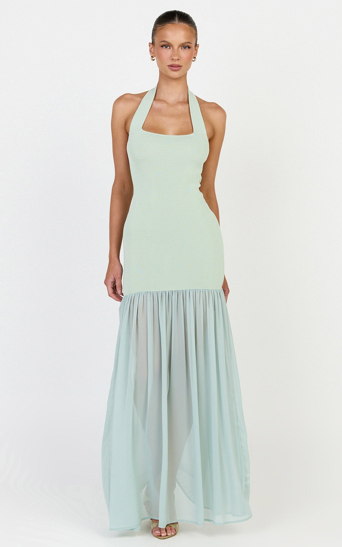 Barbara Maxi Dress - Halter Scoop Neck Contrast Georgette Dress in Sage