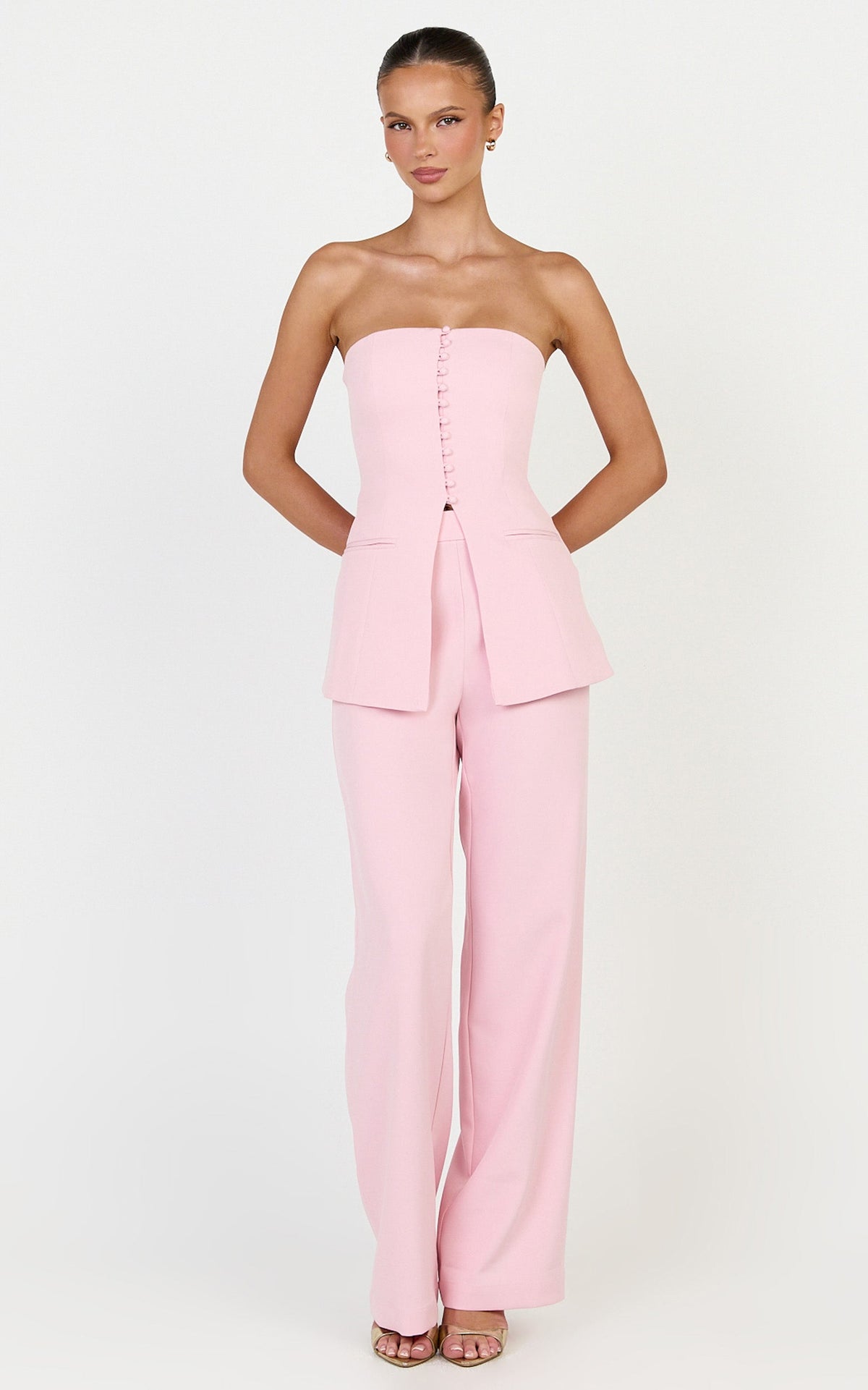 Amelia Two Piece Top and Pant Set - Strapless Button Down Top And Tailored Wide Leg Pants Set in Pink