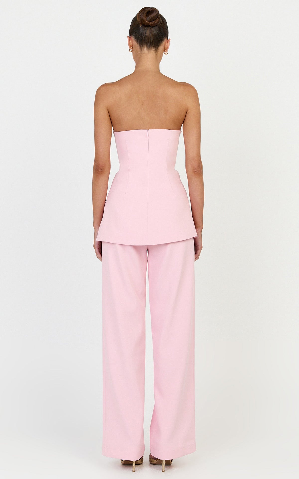 Amelia Two Piece Top and Pant Set - Strapless Button Down Top And Tailored Wide Leg Pants Set in Pink