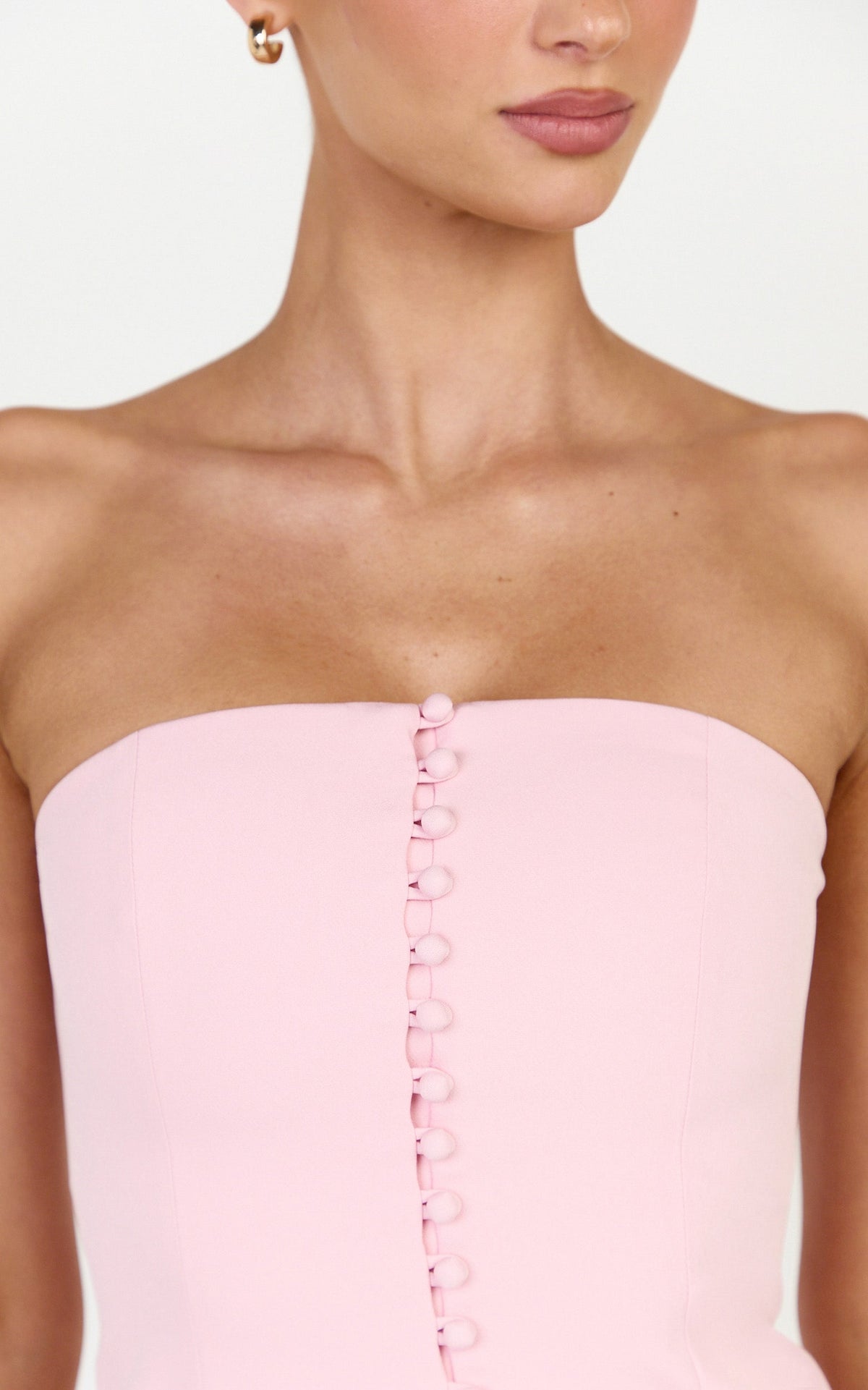 Amelia Two Piece Top and Pant Set - Strapless Button Down Top And Tailored Wide Leg Pants Set in Pink