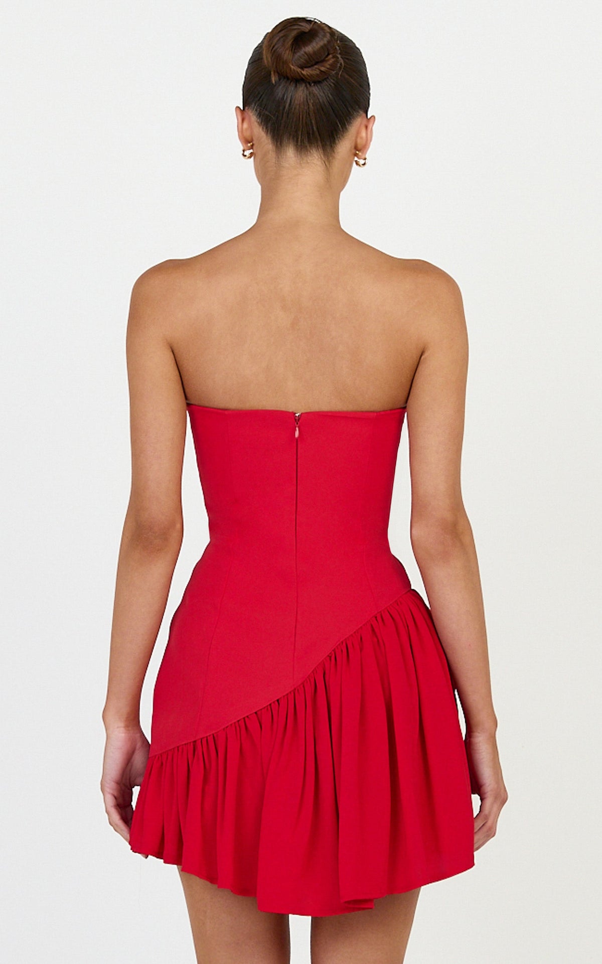 Calla Mini Dress - Strapless Gathered Asymmetric Dropped Waist Dress in Red