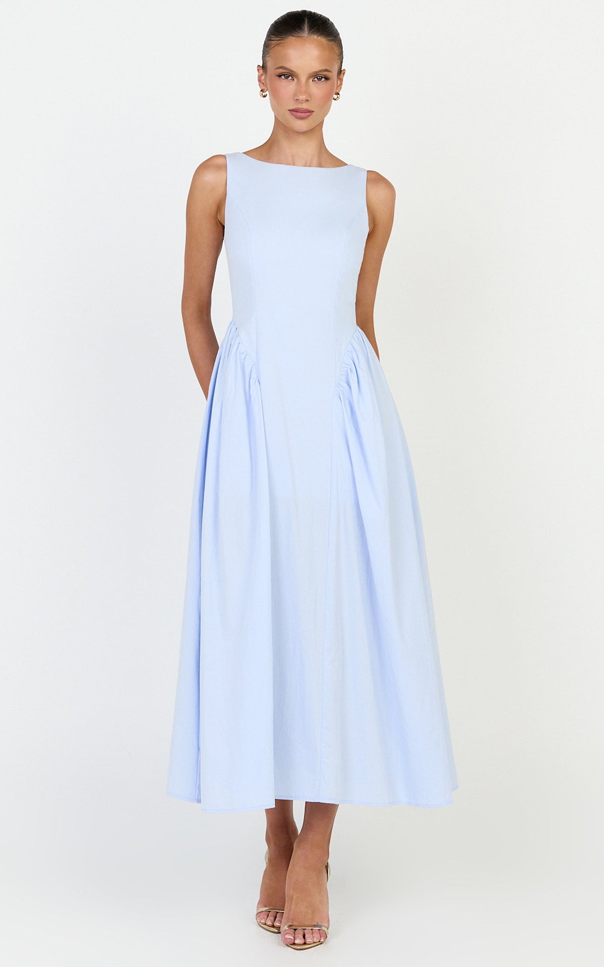 Casina Midi Dress - Boat Neck Tie Back Fit And Flare Dress in Blue