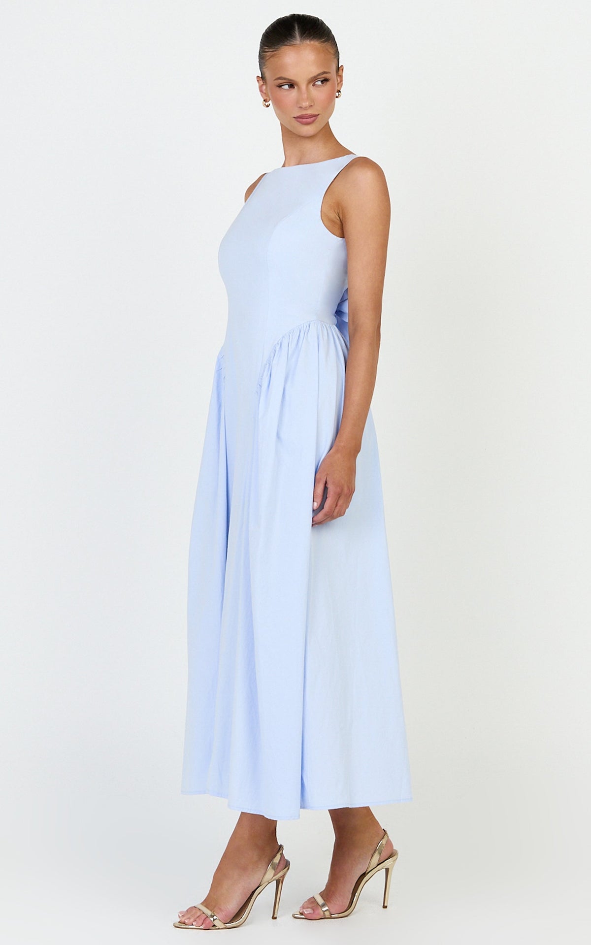 Casina Midi Dress - Boat Neck Tie Back Fit And Flare Dress in Blue