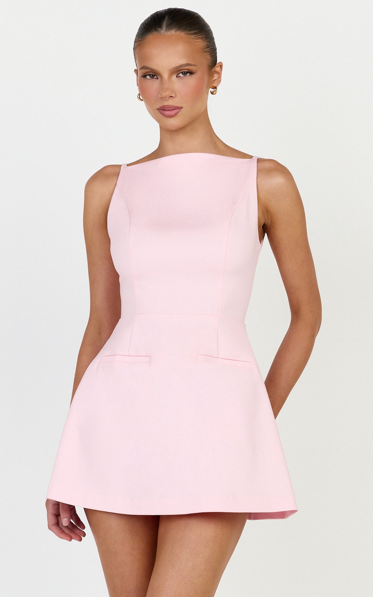 Eloise Playsuit - Straight Neck Fit And Flare Playsuit in Pink