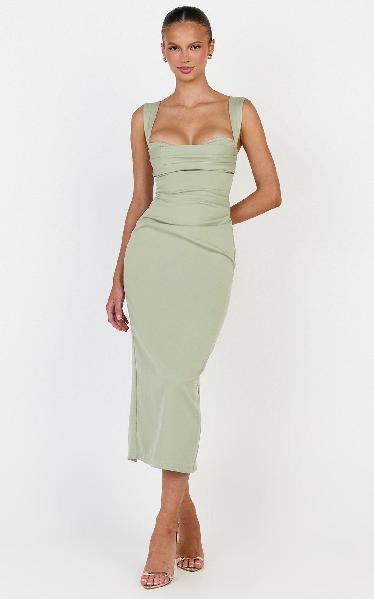 Kenna Midi Dress - Gathered Bust Tucked Waist Dress in Sage