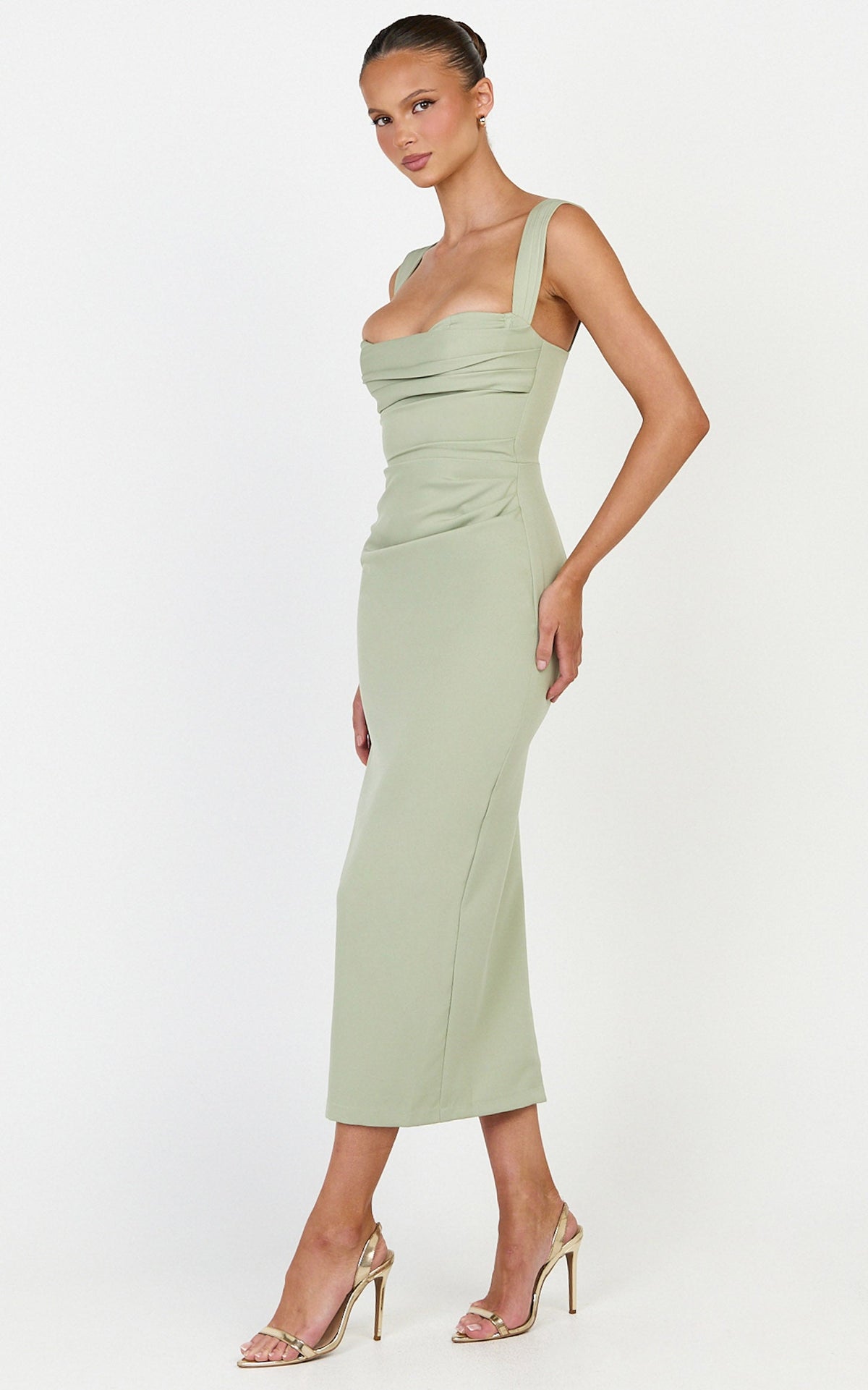 Kenna Midi Dress - Gathered Bust Tucked Waist Dress in Sage