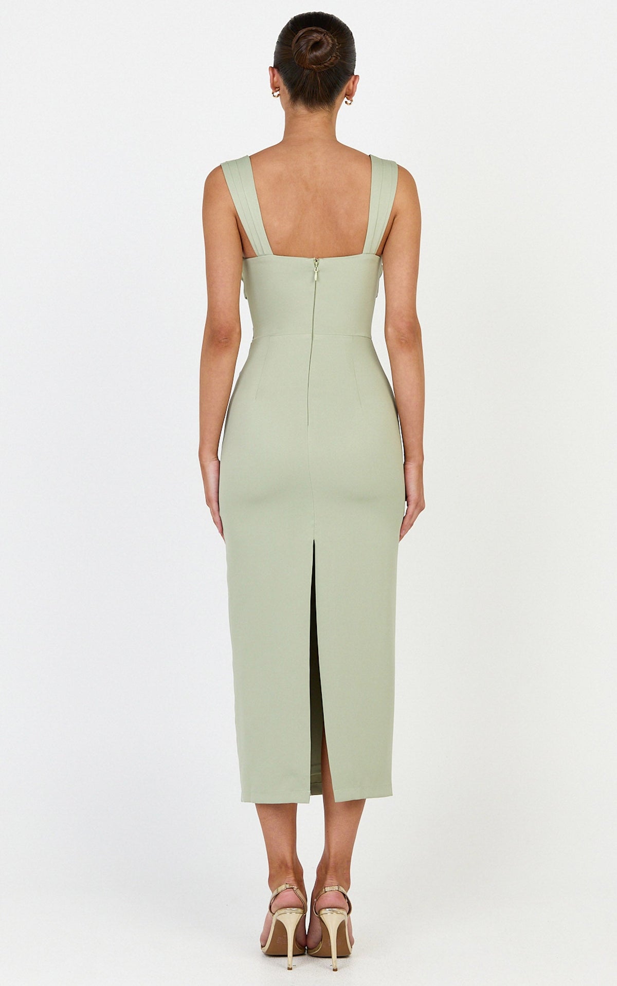 Kenna Midi Dress - Gathered Bust Tucked Waist Dress in Sage