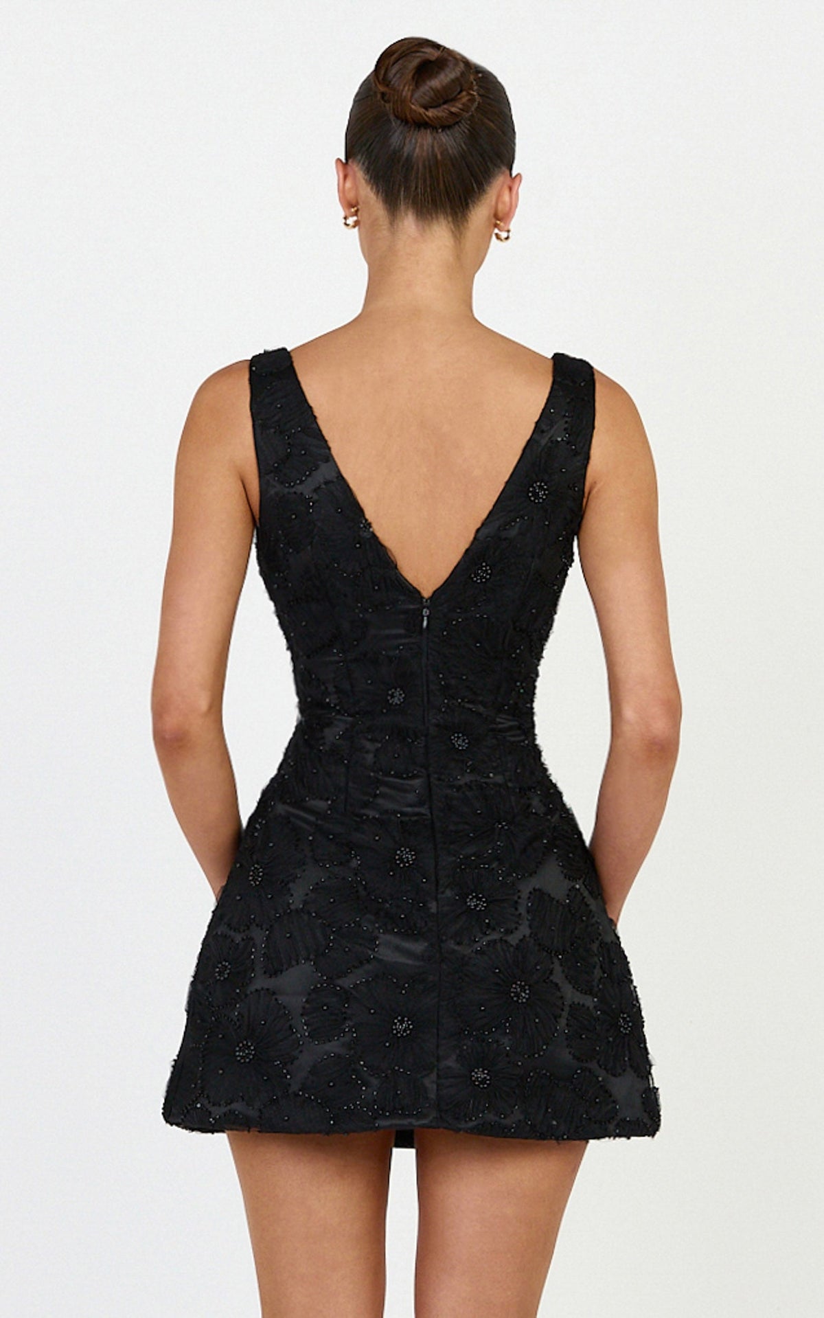 Lima Mini Dress - Plunge Neck Floral Embellished A Line Dress in Black