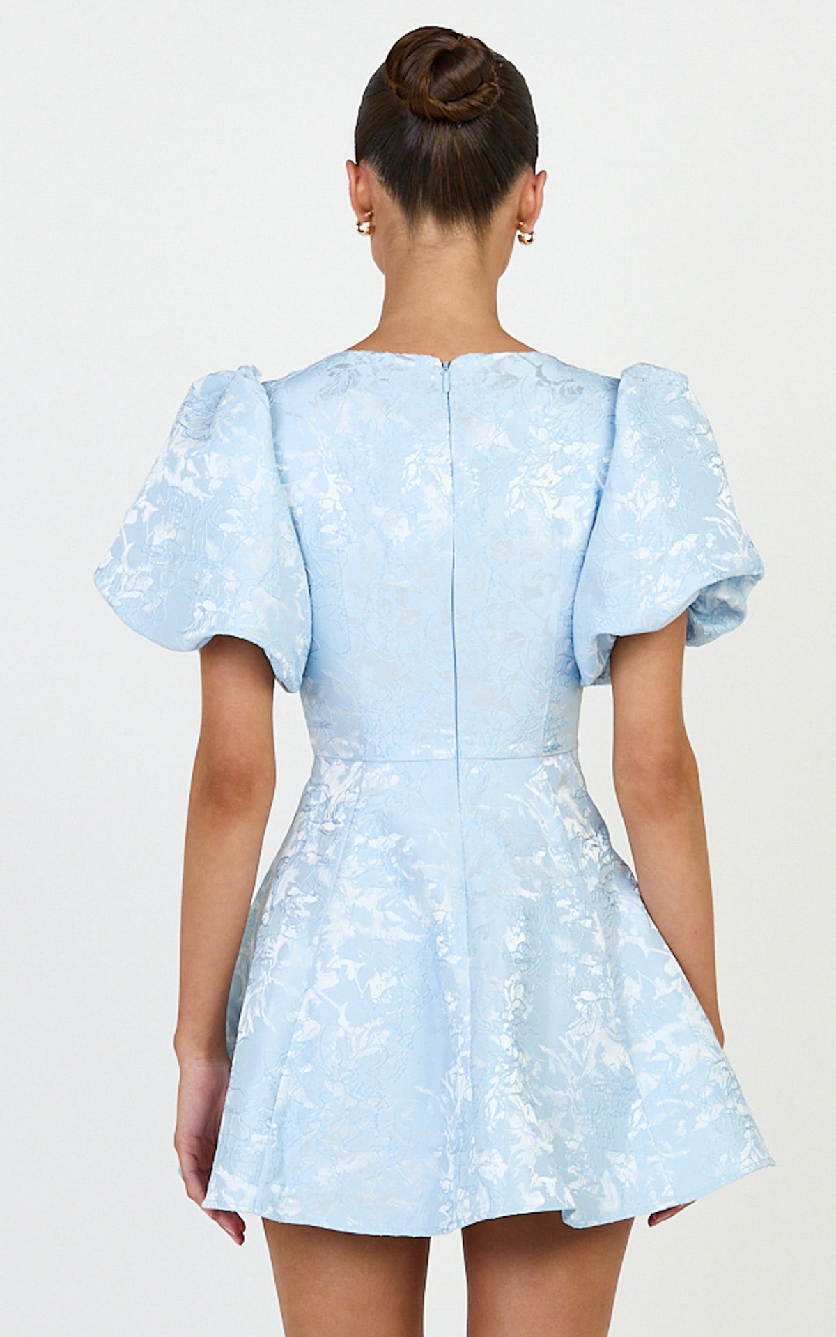 Rosalie Mini Dress - Floral Jacquard V Neck Fit and Flare Dress in Blue