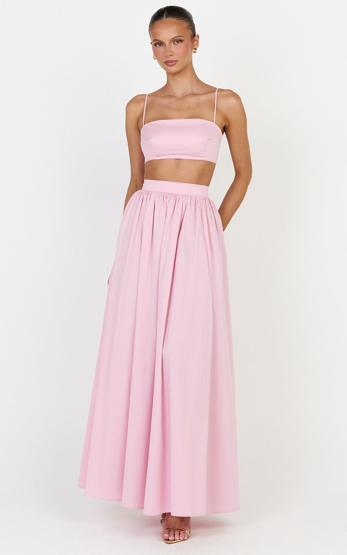 Tegan Two Piece Set - Straight Neck Micro Crop Top and A Line Maxi Skirt Set in Baby Pink