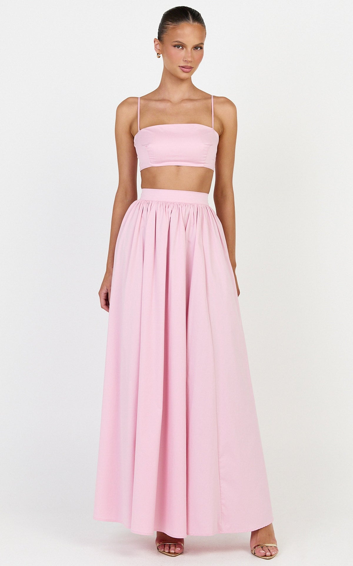 Tegan Two Piece Set - Straight Neck Micro Crop Top and A Line Maxi Skirt Set in Baby Pink