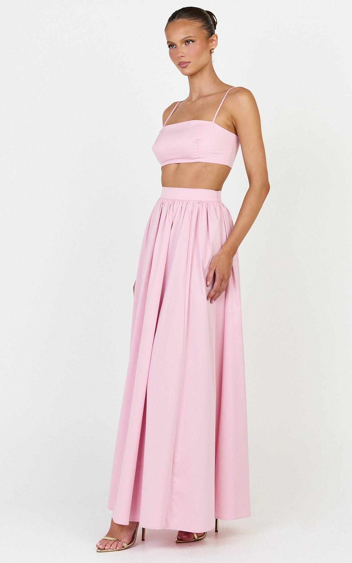 Tegan Two Piece Set - Straight Neck Micro Crop Top and A Line Maxi Skirt Set in Baby Pink