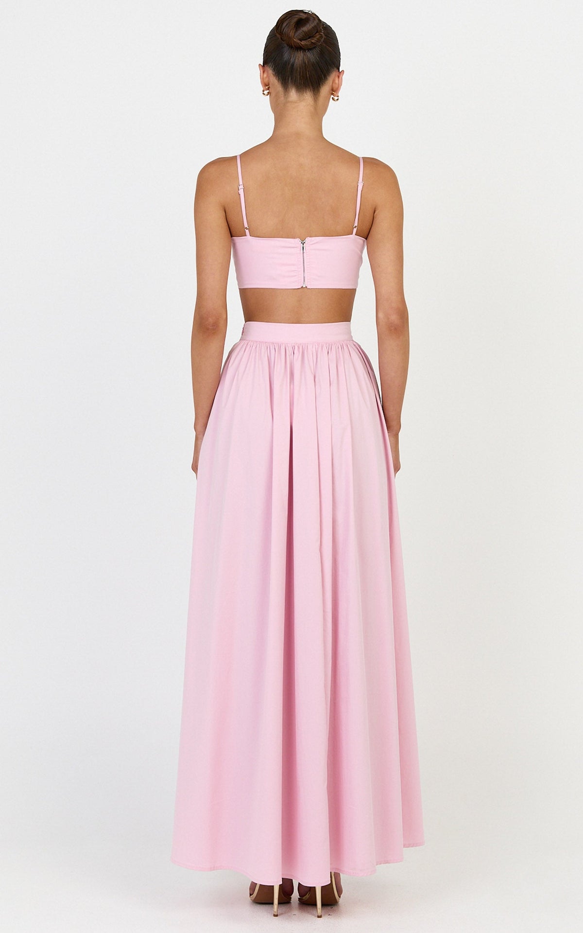 Tegan Two Piece Set - Straight Neck Micro Crop Top and A Line Maxi Skirt Set in Baby Pink