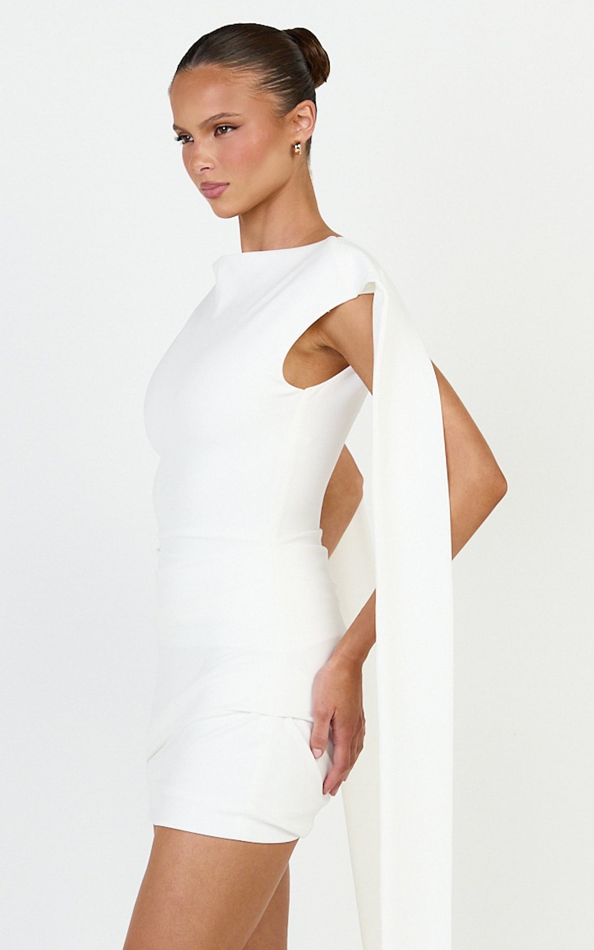 Cosette Mini Dress - Draped Sash Side Ruched Dress in White