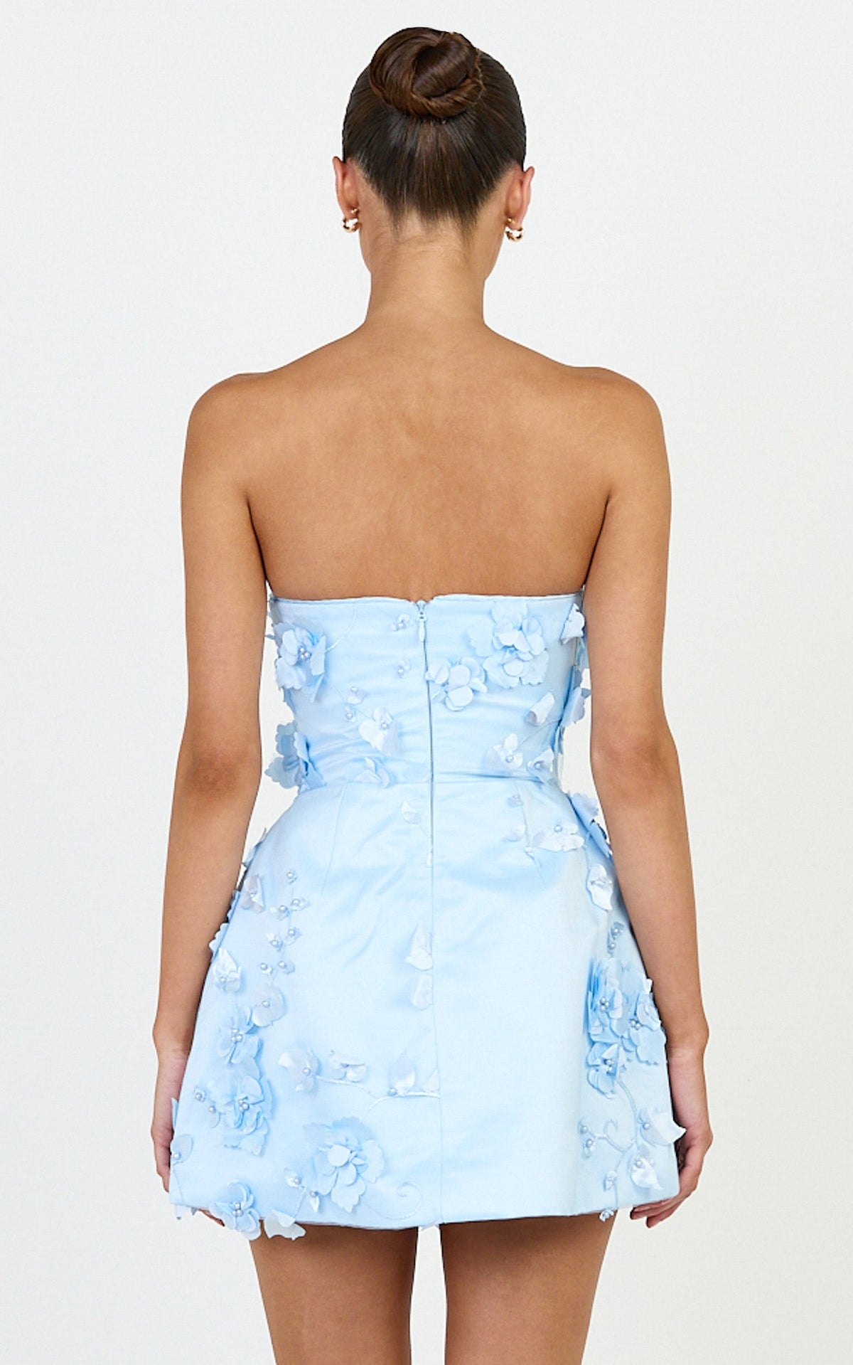 Delphine Mini Dress - Strapless Floral Embellished A Line Dress in Blue