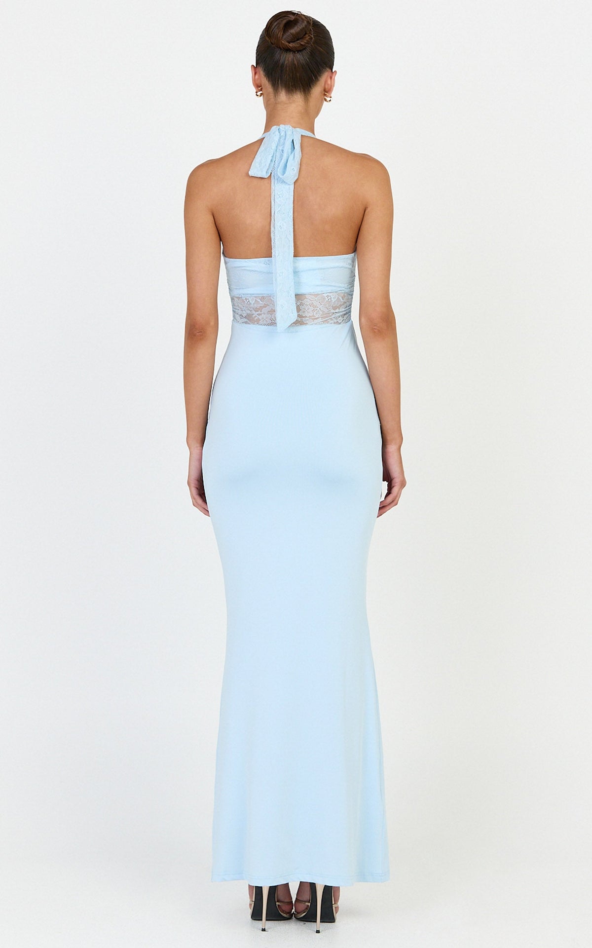 Sienne Maxi Dress - Lace Bodice Draped Cowl Waist Dress in Light Blue