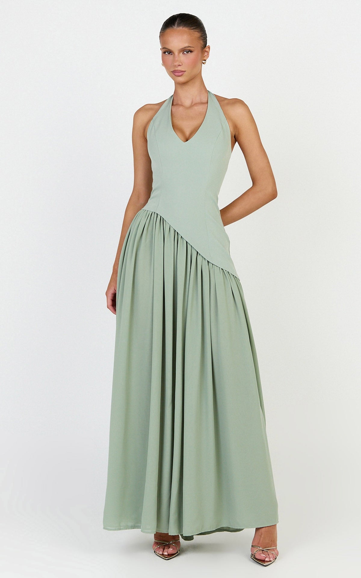 Calla Maxi Dress - Halter Neck Asymmetric Dropped Waist Dress in Sage