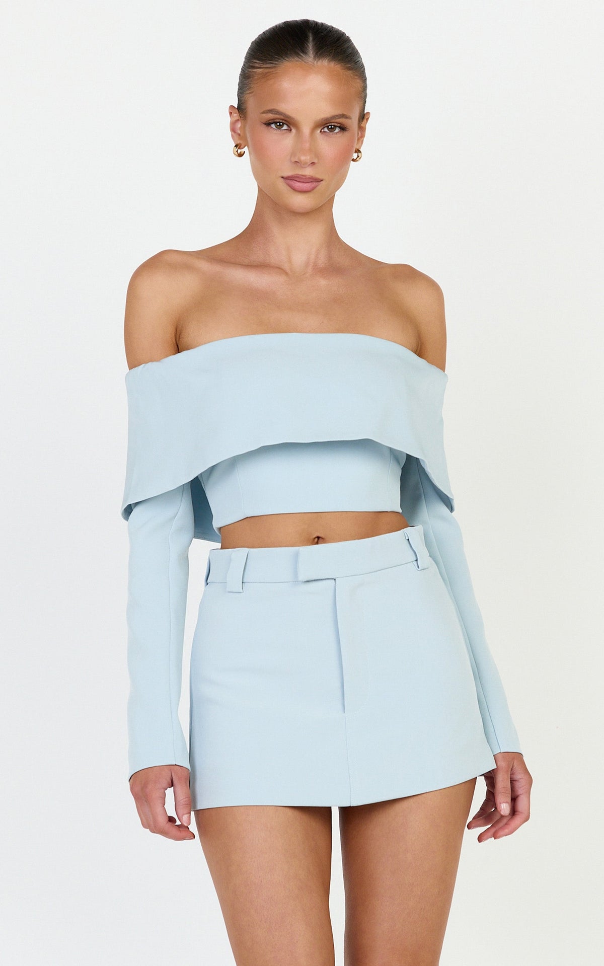 Ursula Top - Long Sleeve Off Shoulder Cropped Top in Baby Blue