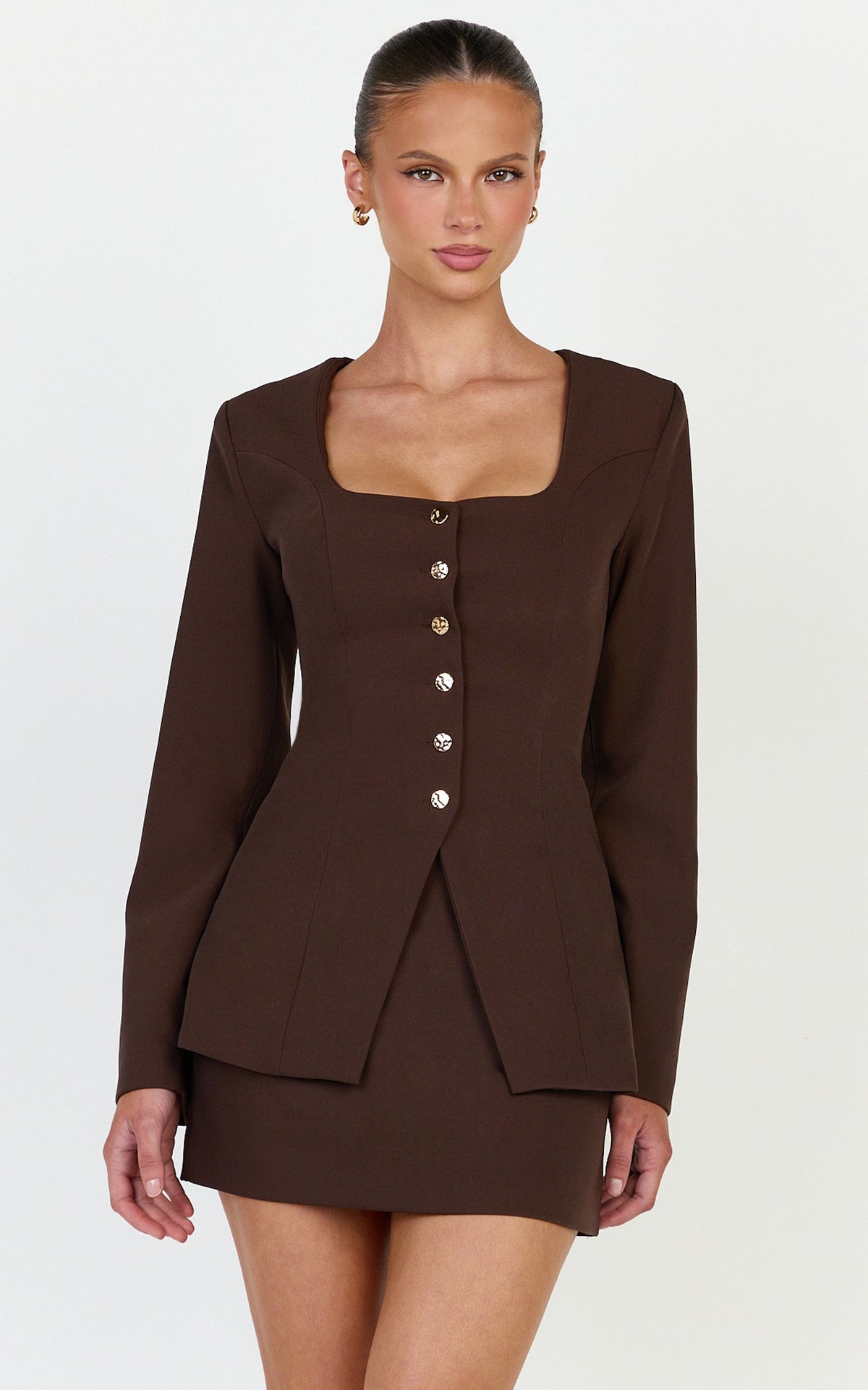 Rae Two Piece Set - Long Sleeve Button Down Tailored Top and Mini Skirt Set in Chocolate