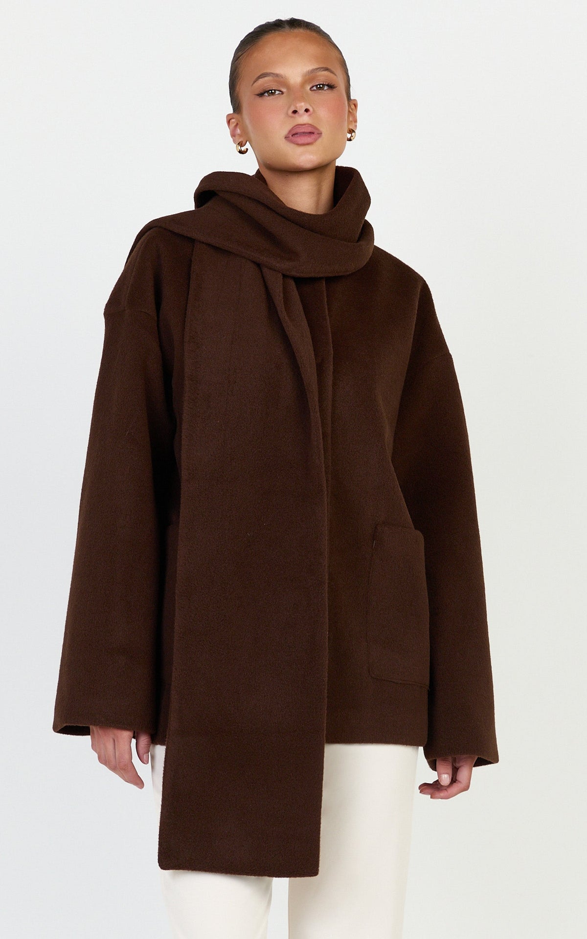 Carys Coat - Oversized Long Sleeve Coat With Neck Scarf in Chocolate