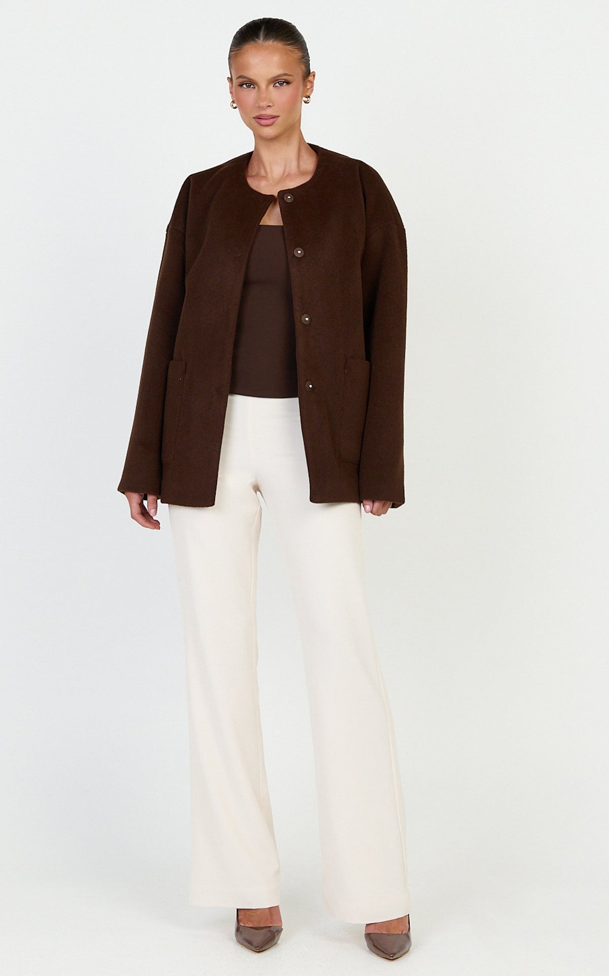 Carys Coat - Oversized Long Sleeve Coat With Neck Scarf in Chocolate