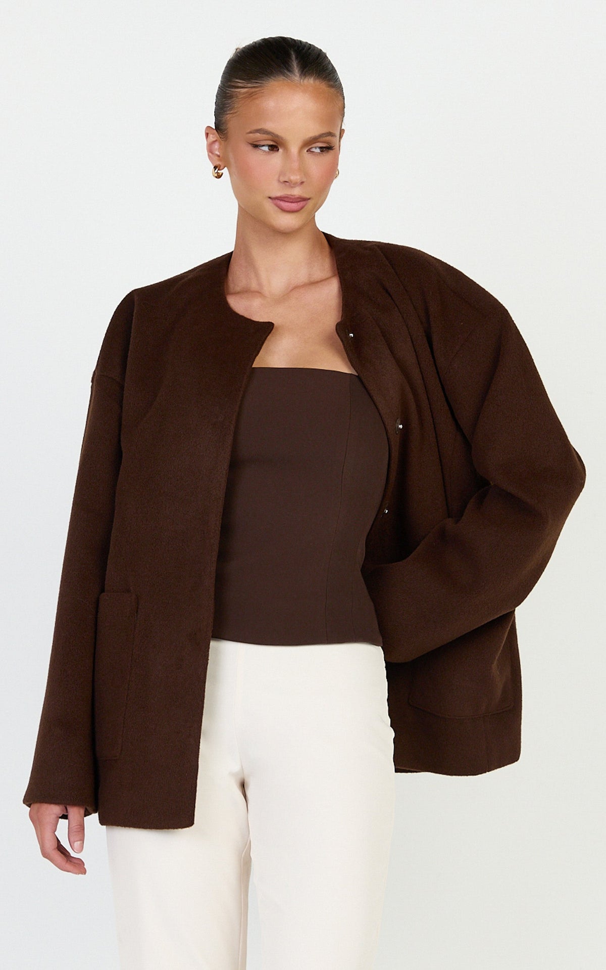 Carys Coat - Oversized Long Sleeve Coat With Neck Scarf in Chocolate