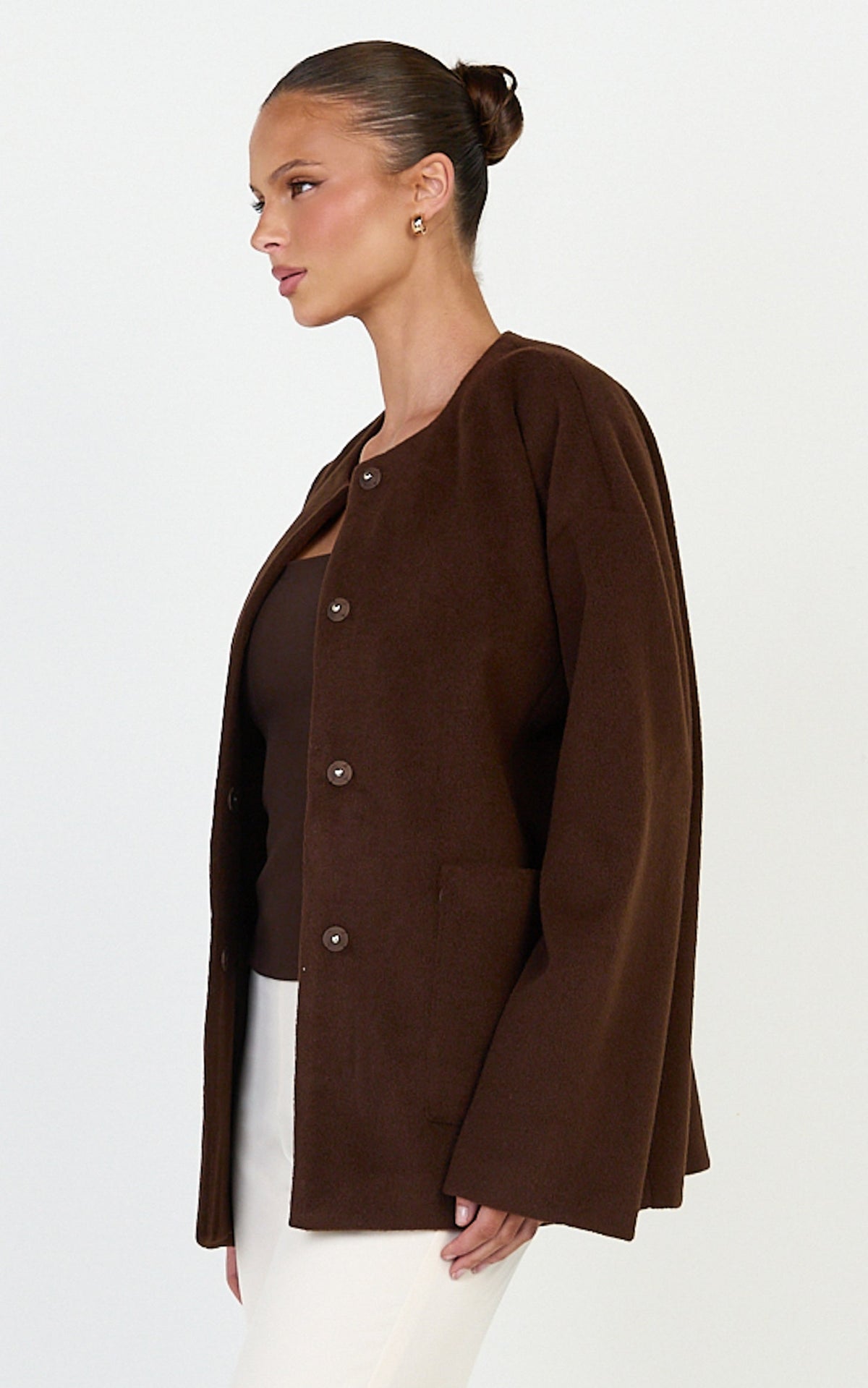 Carys Coat - Oversized Long Sleeve Coat With Neck Scarf in Chocolate