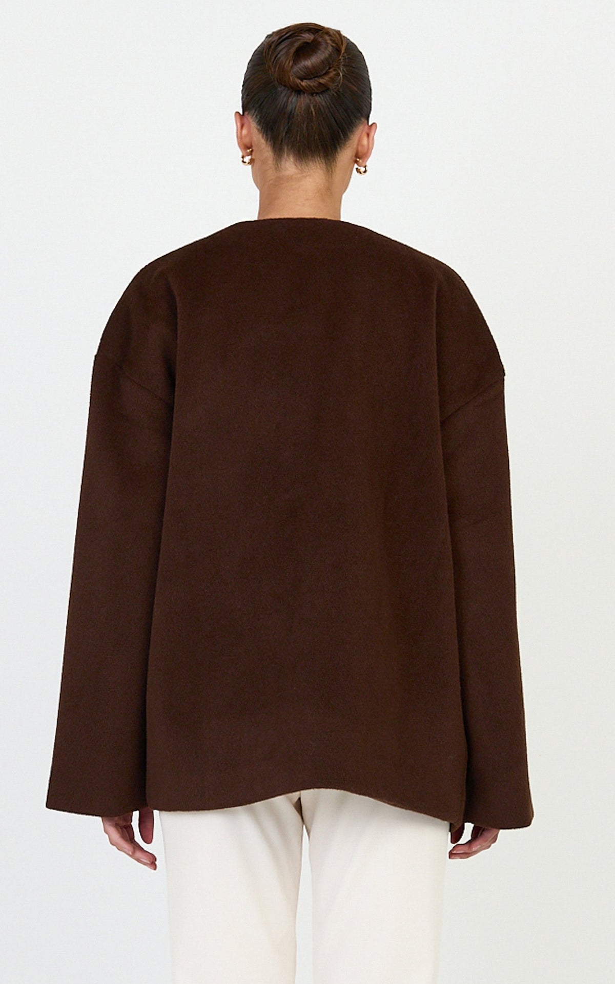 Carys Coat - Oversized Long Sleeve Coat With Neck Scarf in Chocolate