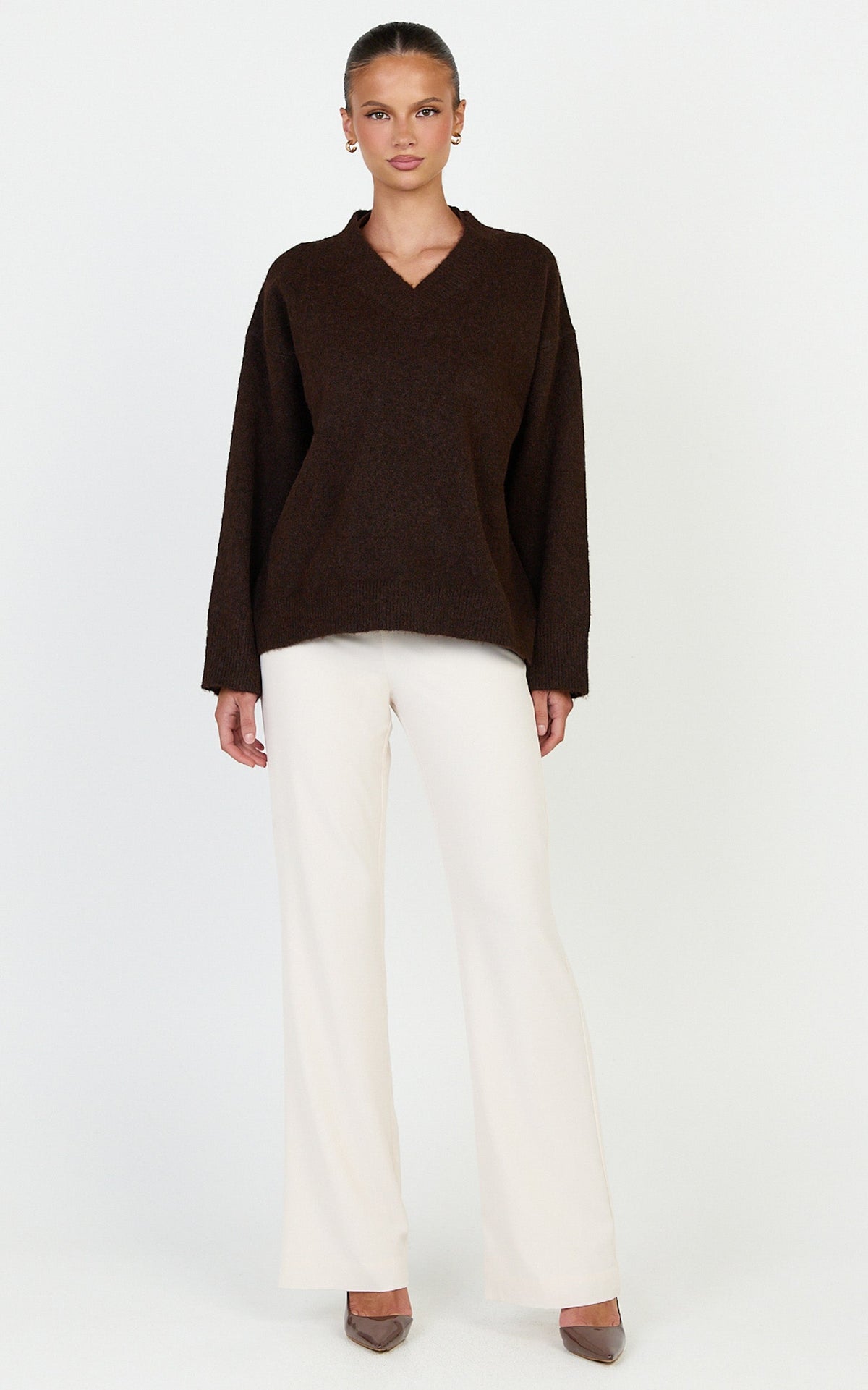Clementine Jumper - V Neck Knit Jumper in Chocolate
