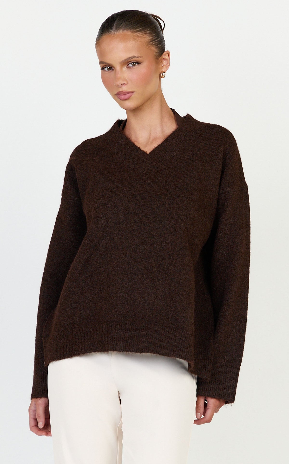 Clementine Jumper - V Neck Knit Jumper in Chocolate